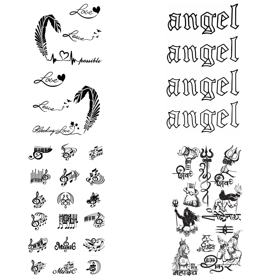 4-Pack Angle Feather Love Temporary Tattoos for Men & Women - Waterproof Body Art Stickers (2x4 Inch) - Perfect for Festivals, Parties & Summer Beach Looks