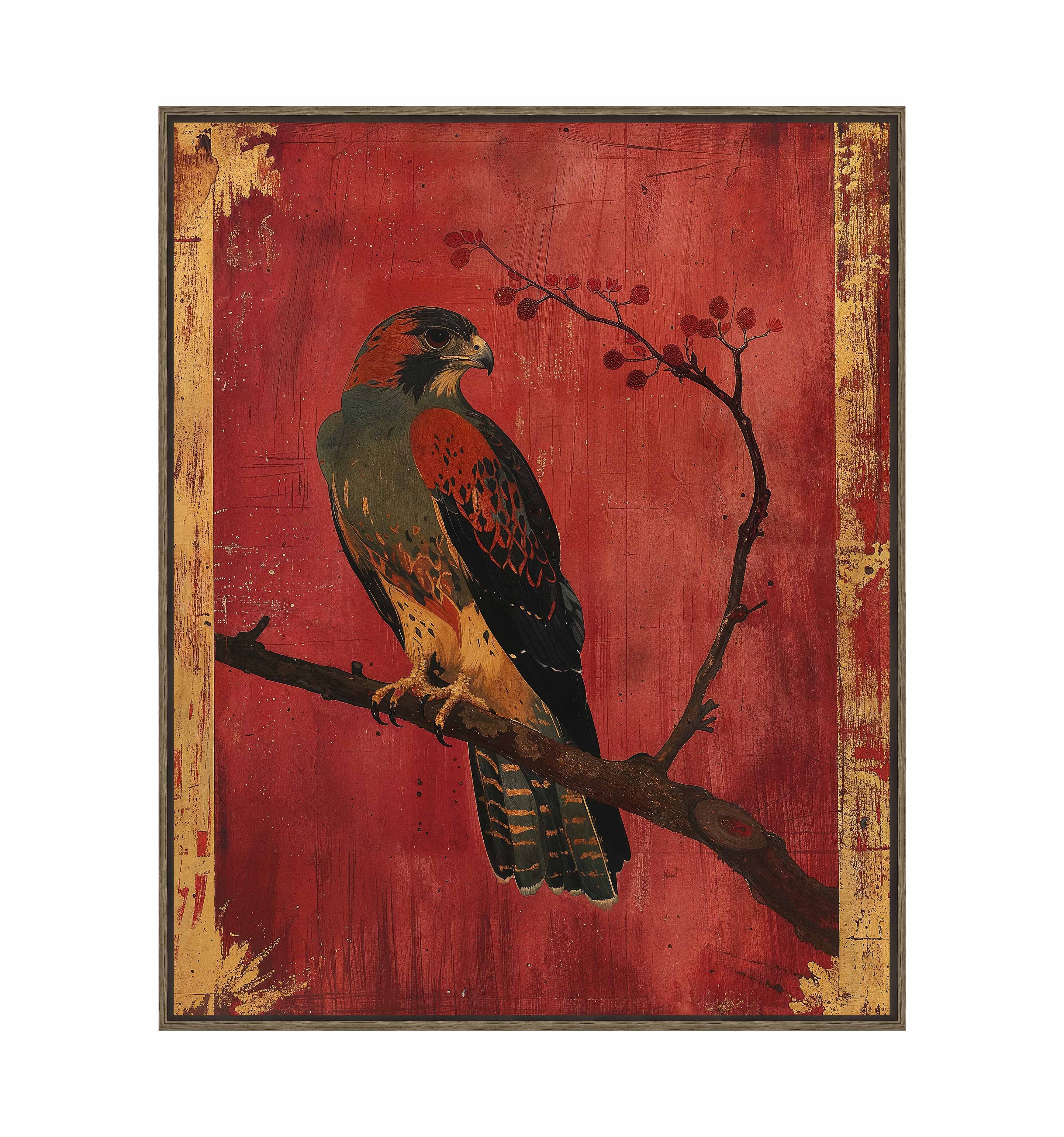 Crimson Majesty Falcon of the Silk Road Wall Art - Handmade Gallery Wrapped Canvas Painting for Living Room, Bedroom & Office Decor