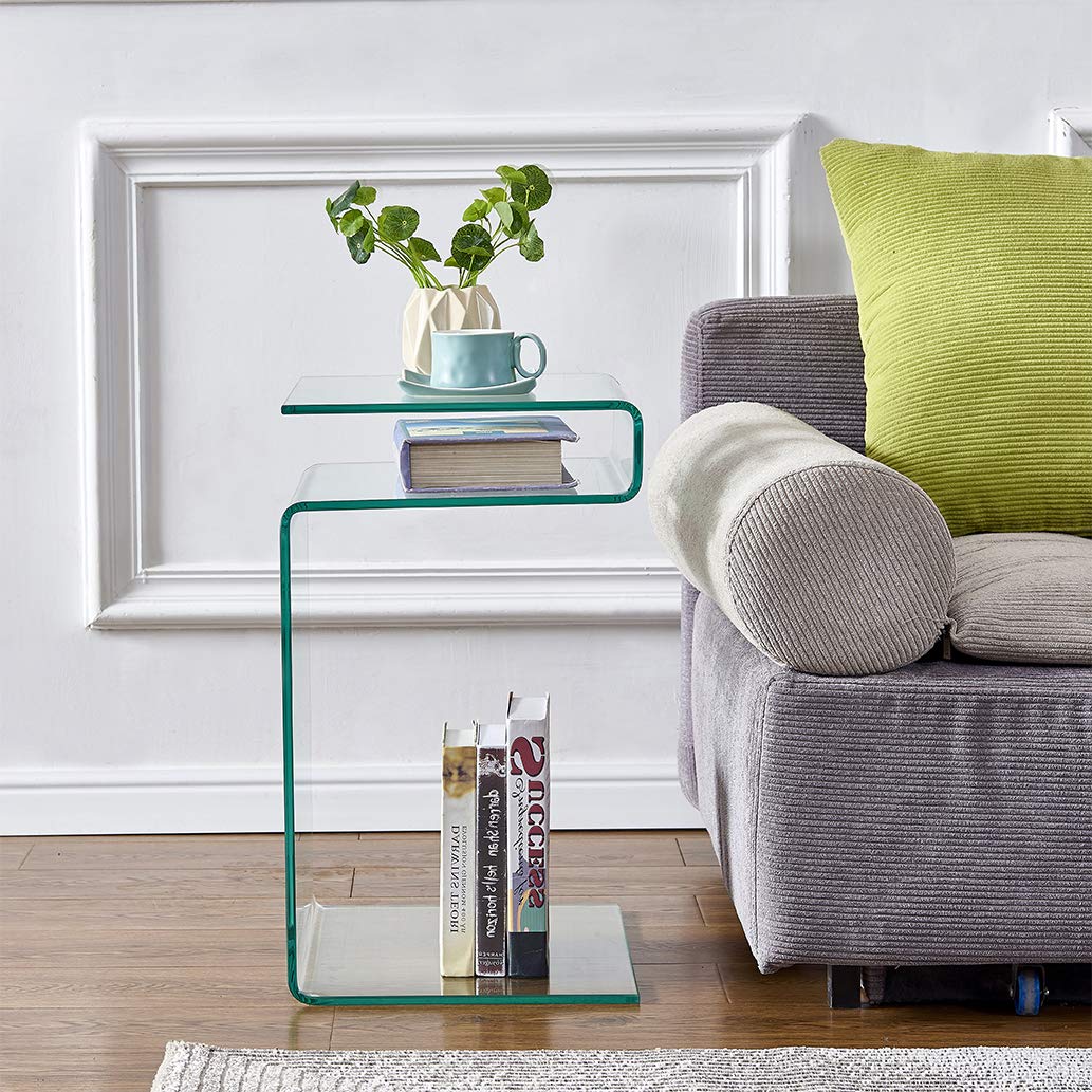 Clear Glass Nightstand - Modern S-Shaped End Table for Living Room & Bedroom, Stylish Side Table with Tempered Glass Top - Perfect for Small Spaces, Apartments, and Contemporary Home Decor