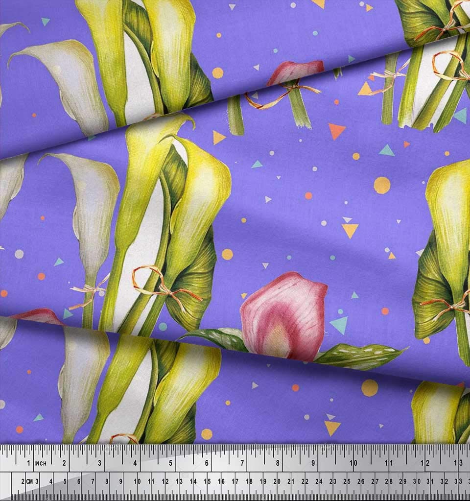 Soimoi 42 Inch Wide Purple Cotton Canvas Fabric by The Yard - Triangle Leaves & Lily Flower Dream Modern Printed Fabric for Apparel, Home Decor & DIY Projects | Perfect for Dresses, Curtains, Pillows & Crafting