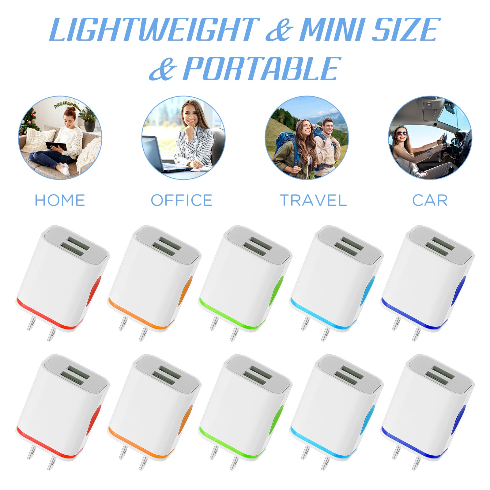 Xuhal 12 Pack Fast USB Wall Charger Block - 2.1A Bulk Power Adapter Cube for iPhone, Samsung, iPad & Tablets - Colorful Travel Charging Plugs for Home, Office & Hotel Use