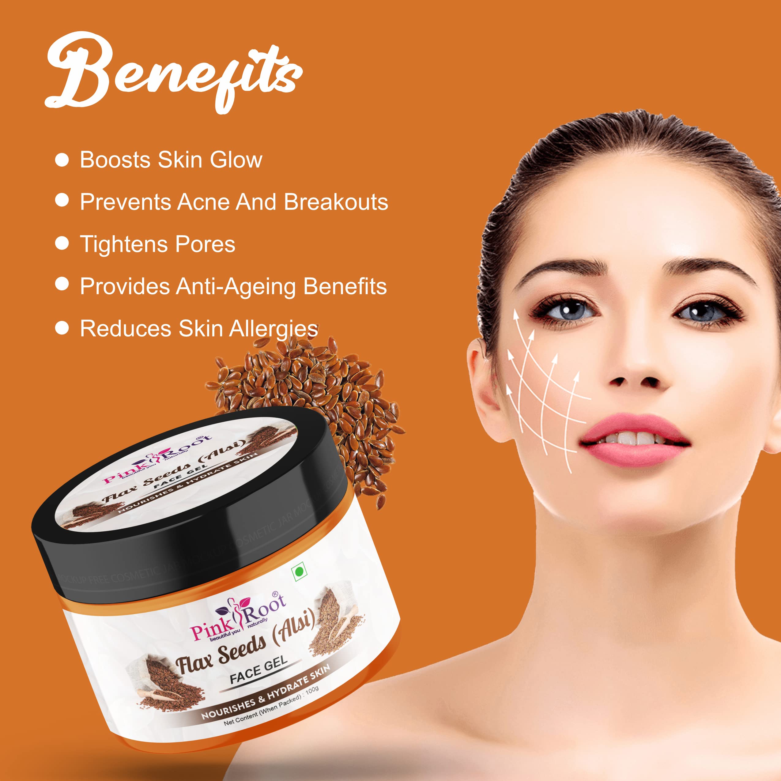 Organic Pink Root Flax Seeds Face Gel 100ml - Hydrating & Soothing Facial Moisturizer for Dry Skin - Perfect for Daily Skincare Routine & Nighttime Use