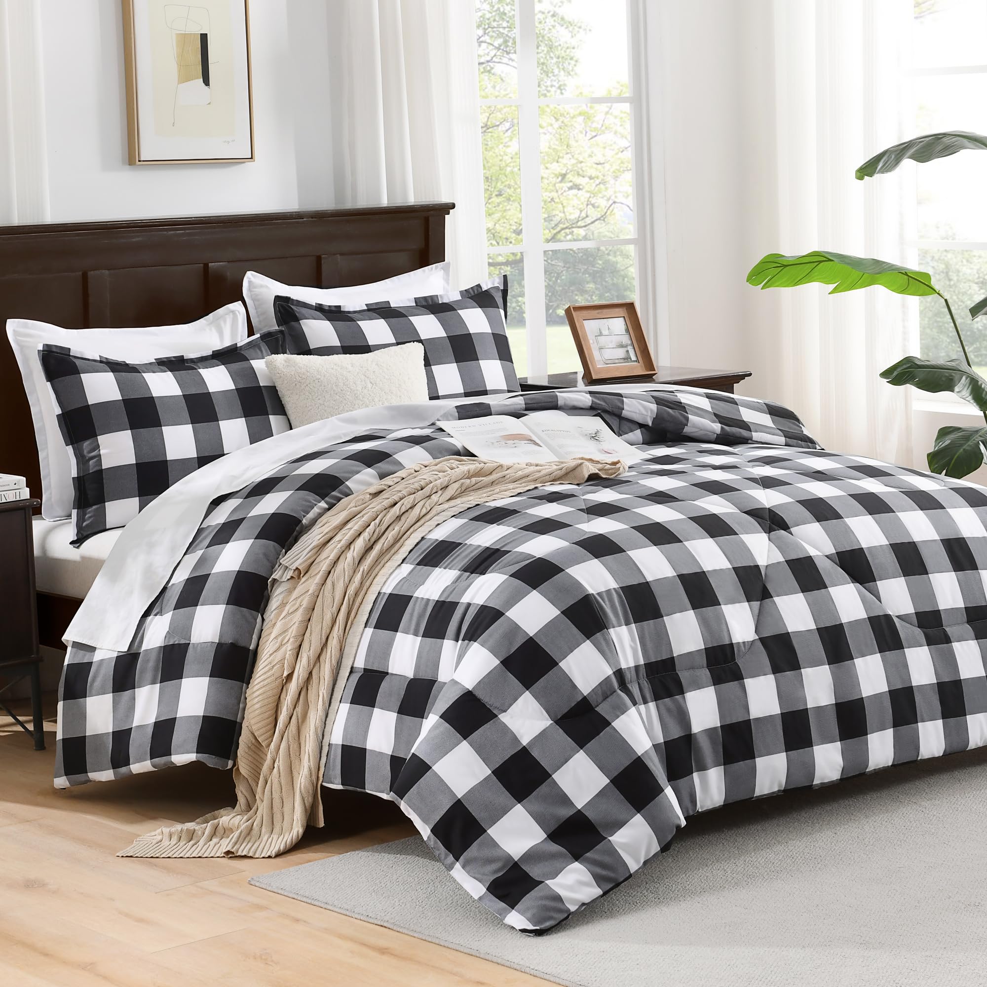 Andency Black Plaid King Size Comforter Set (90x104 Inch) - 3 Piece Buffalo Check Bedding with Lightweight Microfiber Down Alternative Comforter & 2 Pillowcases - Perfect for Summer, Guest Room & Cozy Bedroom Decor