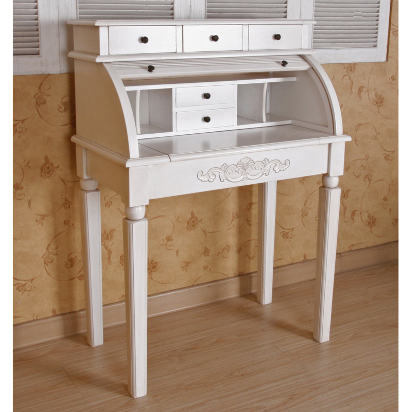 Handcrafted Wooden Roll Top Desk with Carved Details - Vintage Home Office Furniture for Study & Work | International Caravan