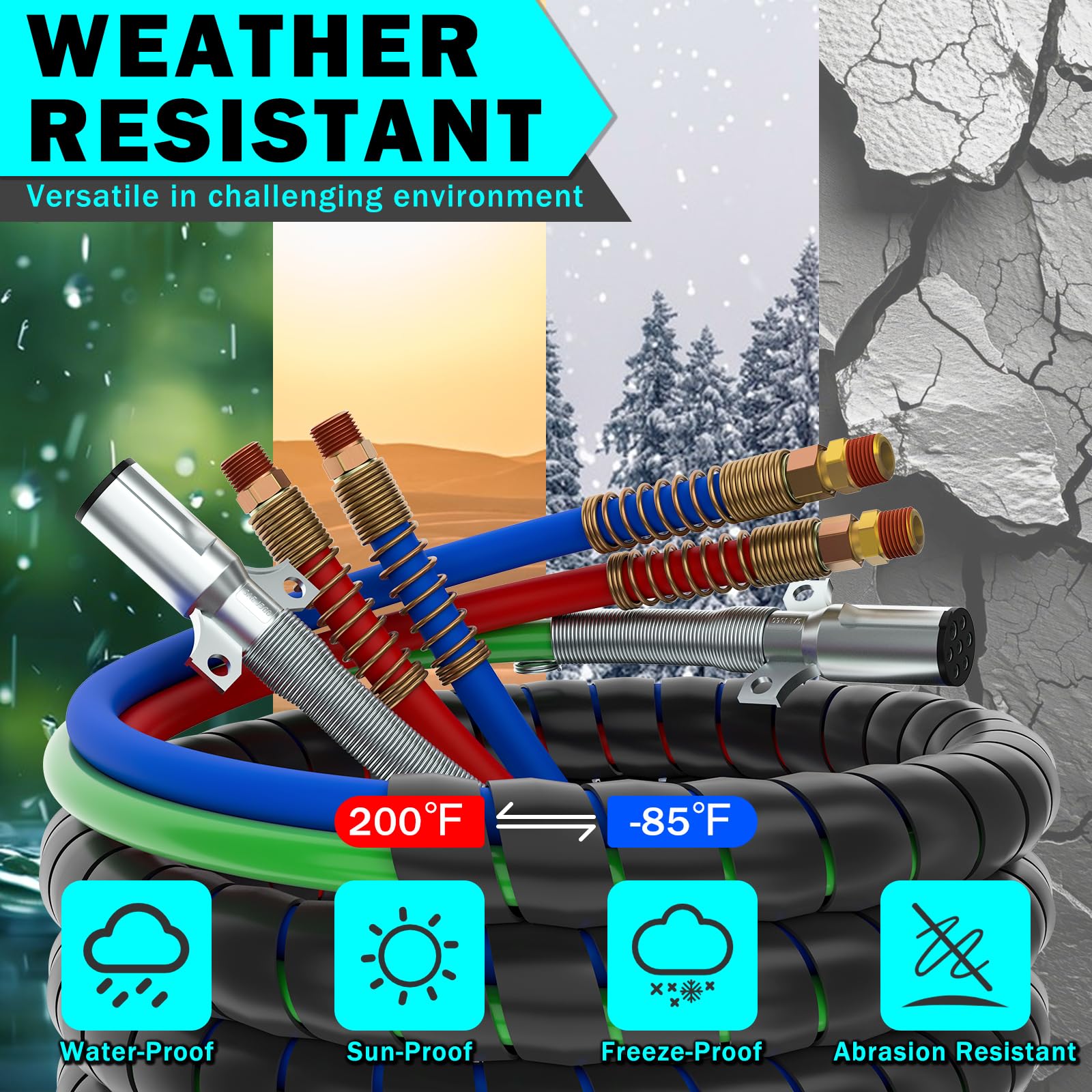 CheeMuii 15FT Semi Truck Air Line Kit - Red & Blue Air Brake Hoses with Gladhand Holder, Springs & 7-Way Trailer Cord | 3-in-1 Air Brake System for Semi Trucks, Trailers & Tractors | Ideal for Long-Haul Trucking & Heavy-Duty Towing