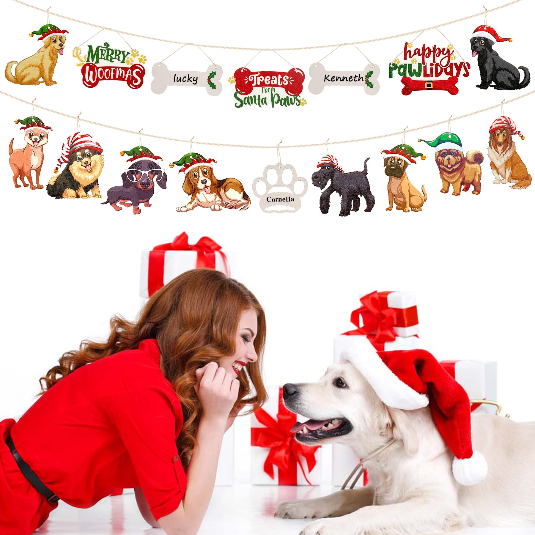 18Pcs Dog Christmas Tree Ornaments - Merry Woofmas Wooden DIY Puppy Paw & Holly Berry Bones Decor for Holiday Party | Pet Lover Gift, Xmas Home Decor, Dog-Themed Christmas Celebration