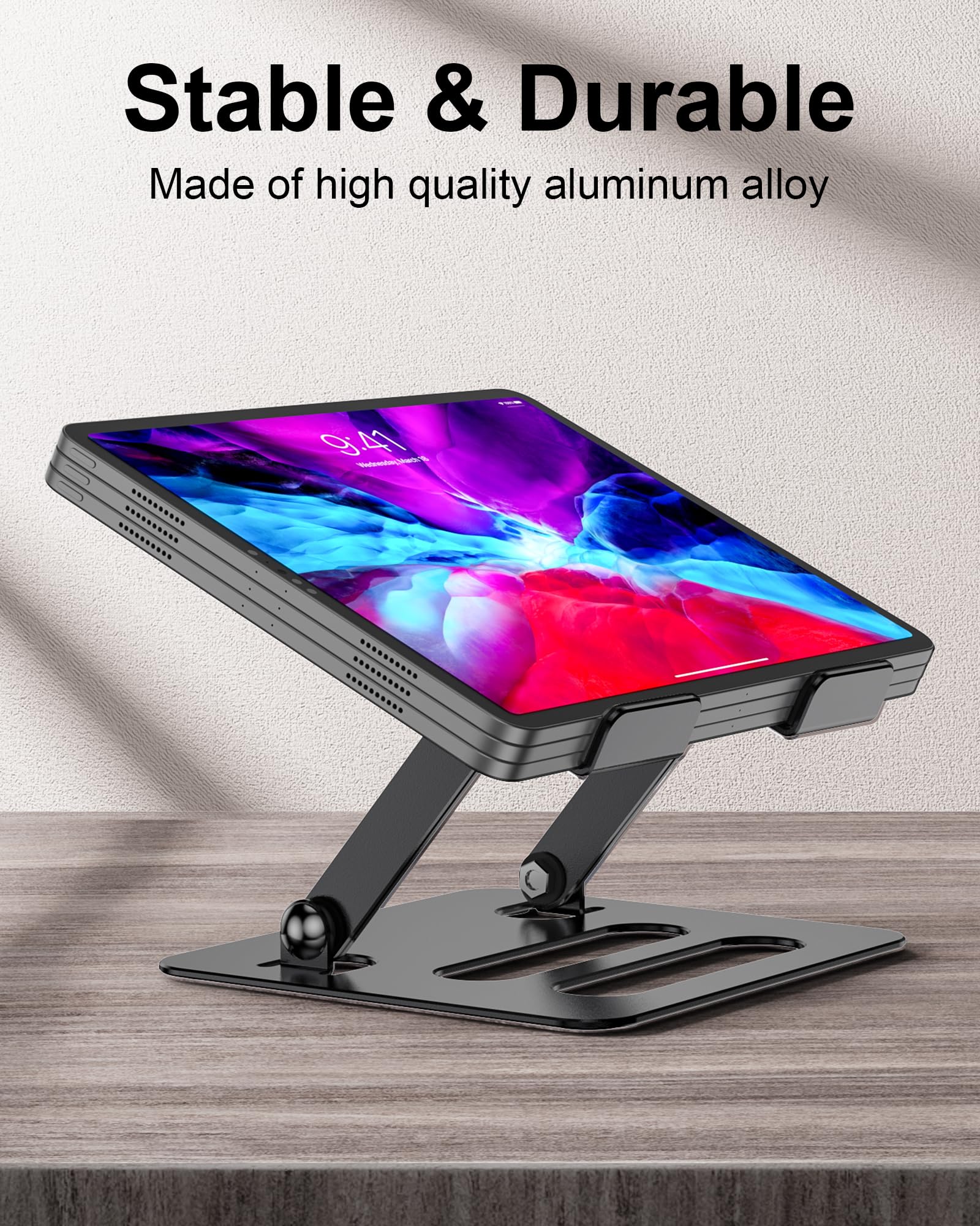 Adjustable Aluminum Tablet Stand Holder for iPad, Kindle & More (4.7-12.9 inch) - Foldable & Portable for Desk, Travel - Compatible with iPad Pro/Air/Mini - Perfect for Reading, Watching Videos & Video Calls - Black