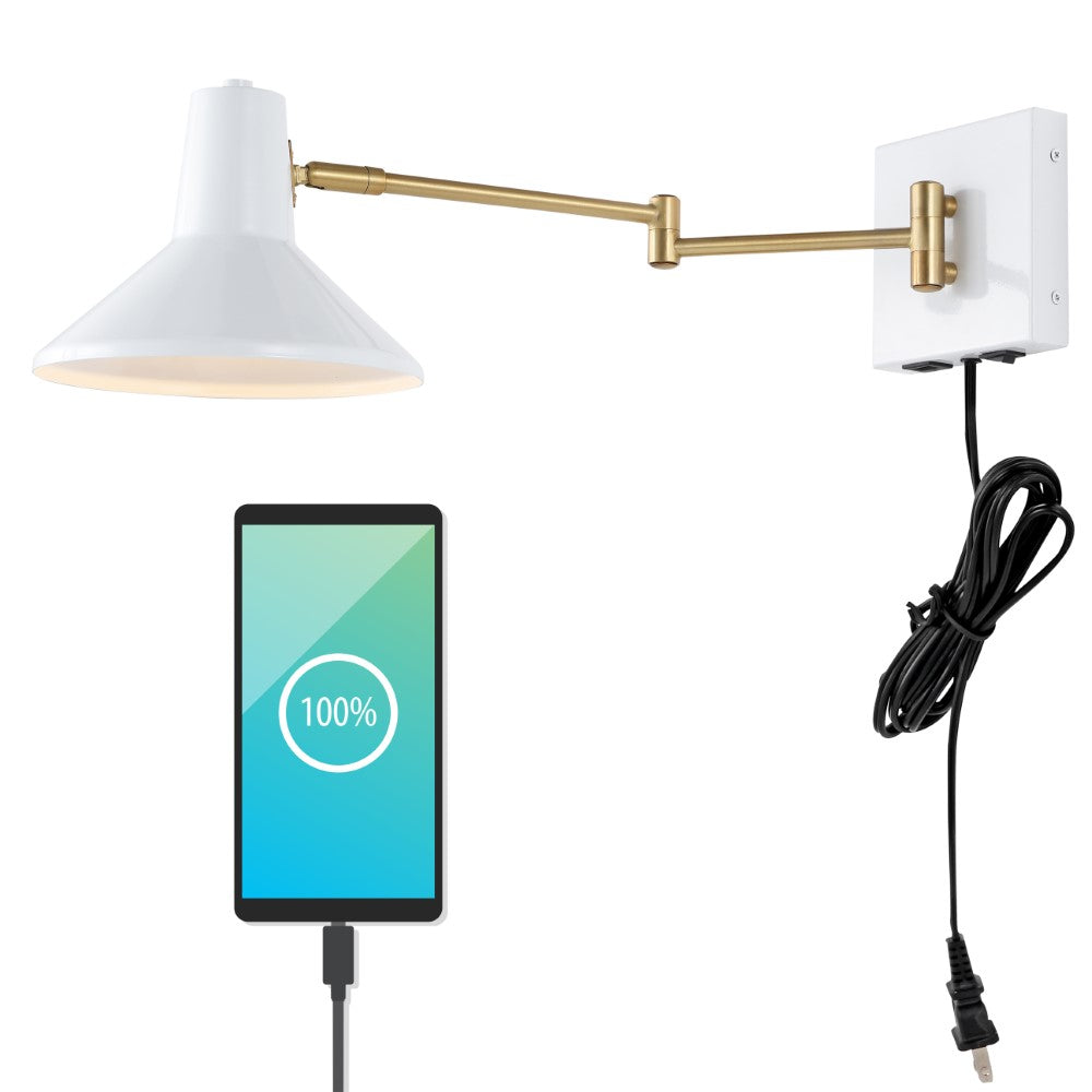 Modern Midcentury Iron Swing Arm Wall Sconce with USB Charging Port & LED Light - Hygge 16