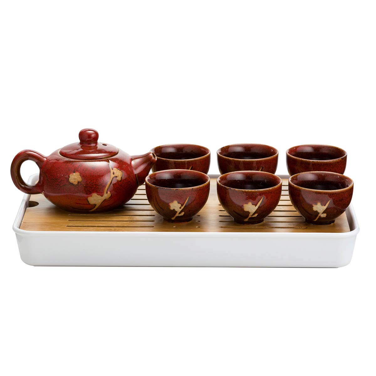 Premium Handmade Chinese & Japanese Ceramic Tea Set - Traditional Tea Ceremony Kit with Teapot, 6 Teacups & Bamboo Tray (Red) - Perfect for Home Tea Parties, Zen Meditation & Cultural Gift Giving