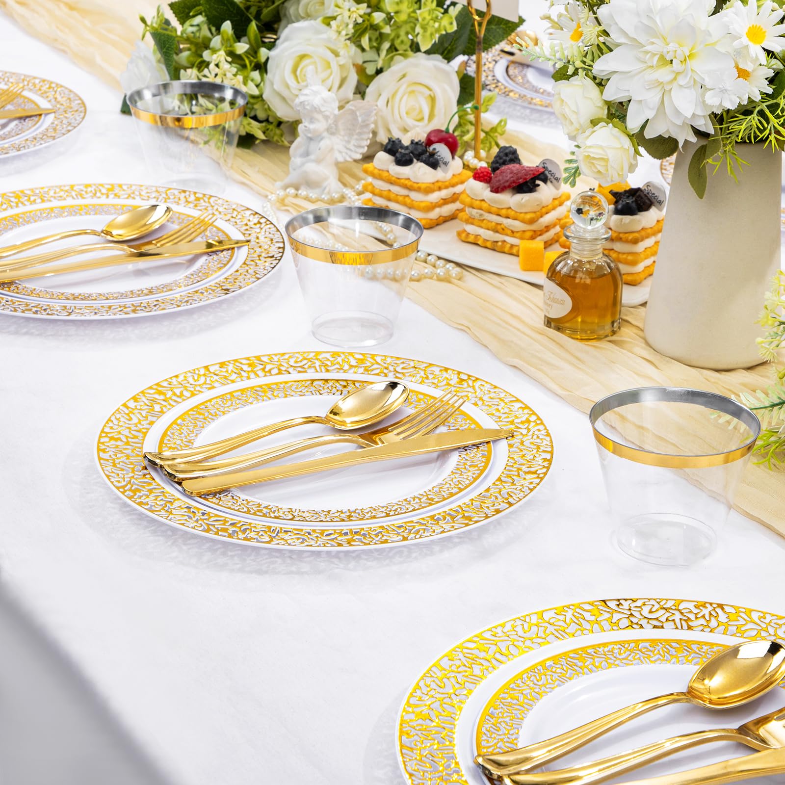 WELLIFE 210-Piece Gold Plastic Party Tableware Set - 30 Dinner Plates, 30 Dessert Plates, 30 Cups, 30 Napkins & 30 Cutlery Sets - Elegant Disposable Gold Silverware for Wedding, Birthday, Bridal Shower & Special Events - Perfect for Indoor/Outdoor Celebrations & Catering