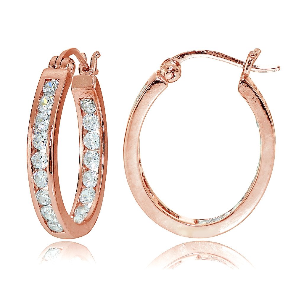 Sterling Silver Cubic Zirconia Inside-Out Oval Hoop Earrings for Women - Elegant Channel-Set Design, Perfect for Parties, Weddings & Everyday Wear