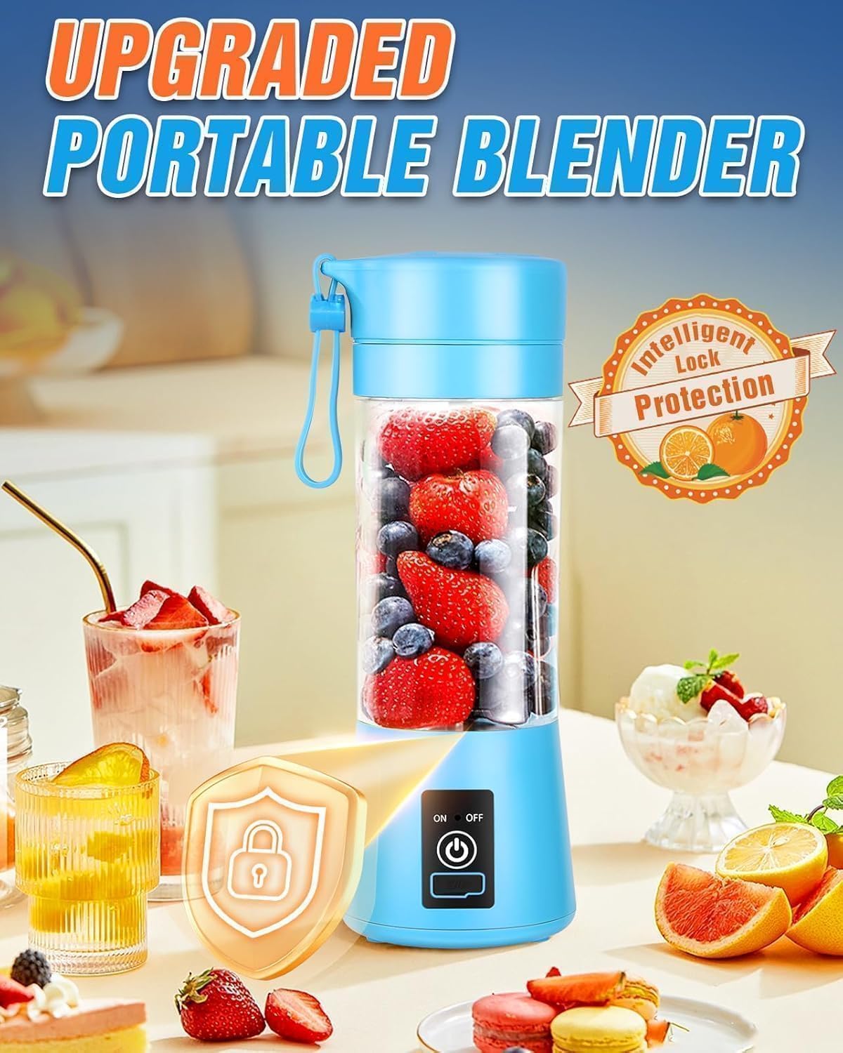 Portable Personal Blender for Smoothies & Shakes - 380ml Mini Blender with 6 Sharp Blades, 2000mAh Rechargeable Battery, Travel Lid - Perfect for Gym, Office, Home & Outdoor Use