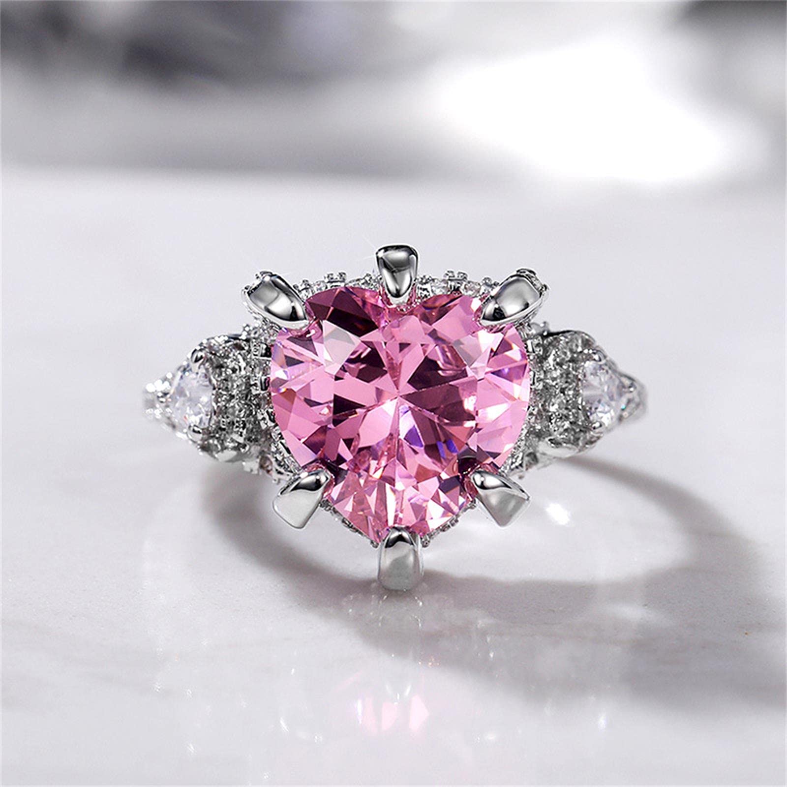 925 Sterling Silver Heart-Shaped Pink Cubic Zirconia Ring with Full Diamond Accents - Elegant CZ Diamond Wedding Band for Women (Size 8) | Perfect for Engagement, Anniversary & Valentine's Day Gifts