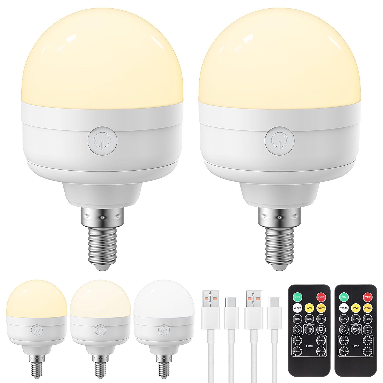 Rechargeable LED Light Bulbs with Remote Control, Timer & 3 Color Temperatures - Battery Operated Puck Lights for Wall Sconce (E12 Base, 2-Pack) - Perfect for Bedrooms, Closets, Stairways & Emergency Lighting