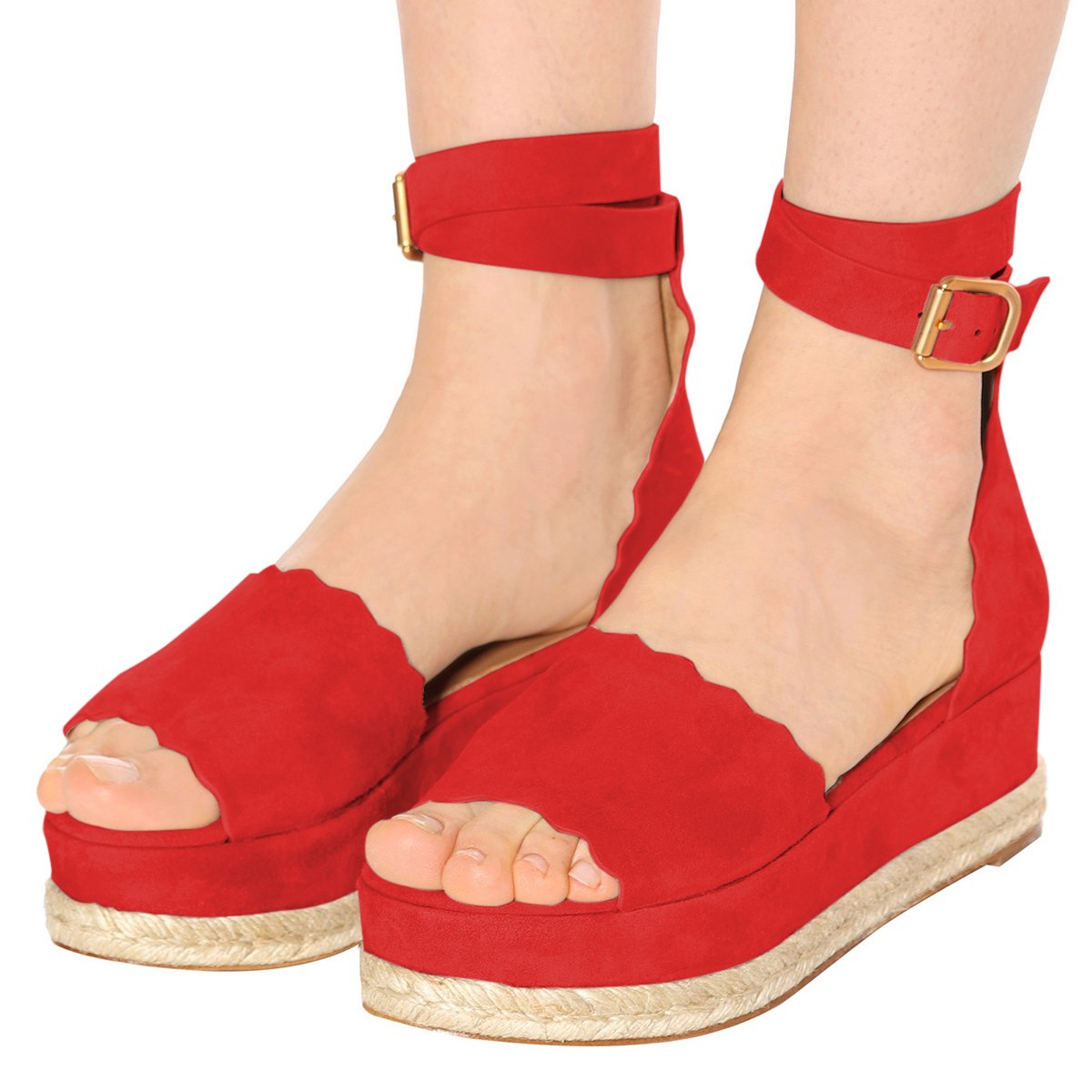 YDN Women's Open Toe Platform Espadrille Sandals with Ankle Strap & Wedge Heel - Wavy Edge Summer Shoes for Beach, Vacation & Casual Outfits