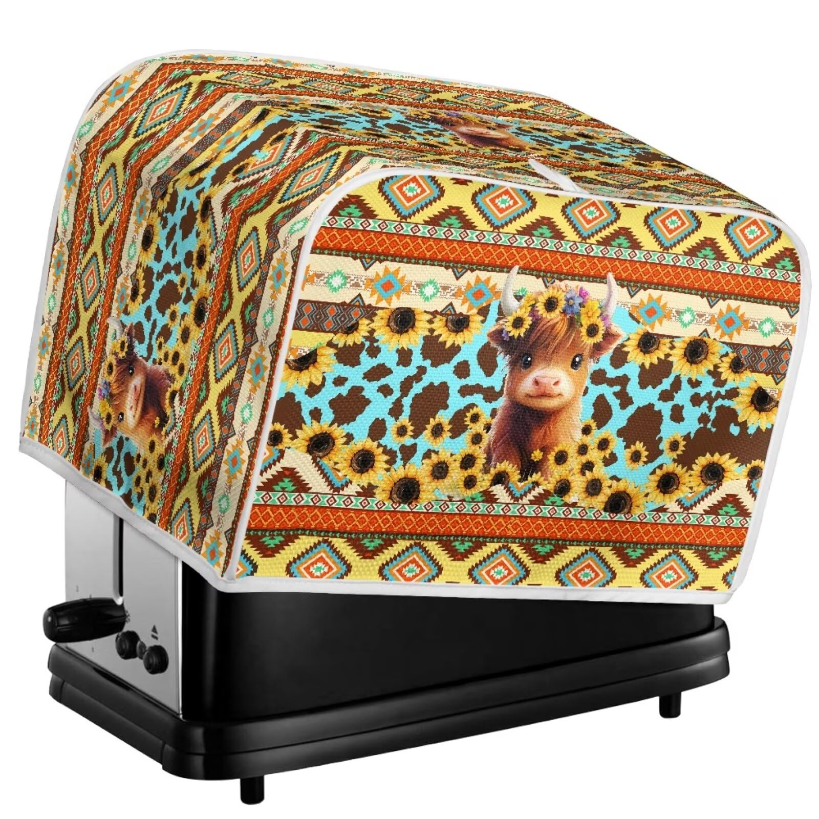 Aztec Sunflower Printed Toaster Oven Cover | Highland Cattle Design | Fits Most 2-Slice Toasters & Bread Makers | Heat-Resistant Kitchen Appliance Protector for Countertop Safety & Style