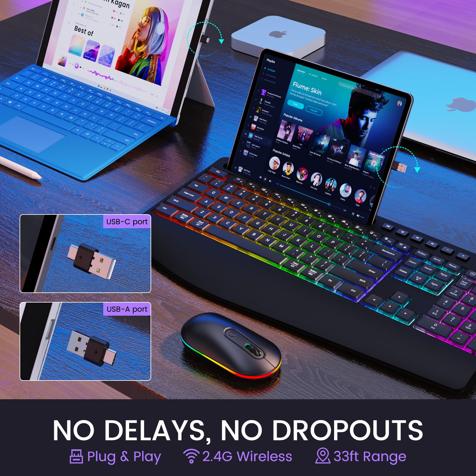 RGB Backlit Wireless Keyboard and Mouse Combo - 2.4G Rechargeable Full-Size Ergonomic Set with Phone/Tablet Holder | Silent Typing for PC, Laptop, Office & Gaming Use