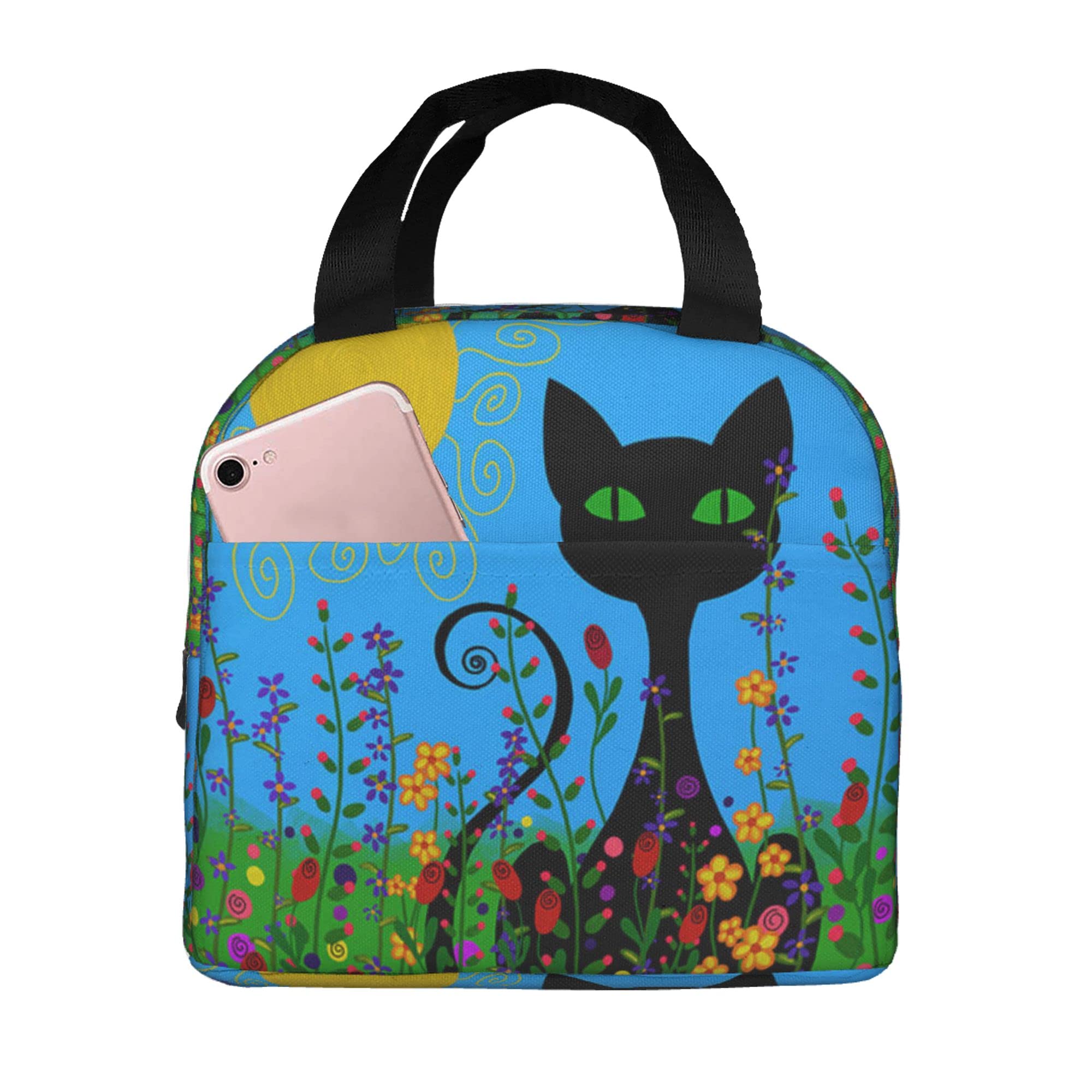 Insulated Lunch Box for Women & Men - Reusable Thermal Cooler Tote Bag with Pocket for Work, School, Hiking & Picnic - Black Cat Floral Design | Perfect for Office Meals, Outdoor Adventures & Daily Commute