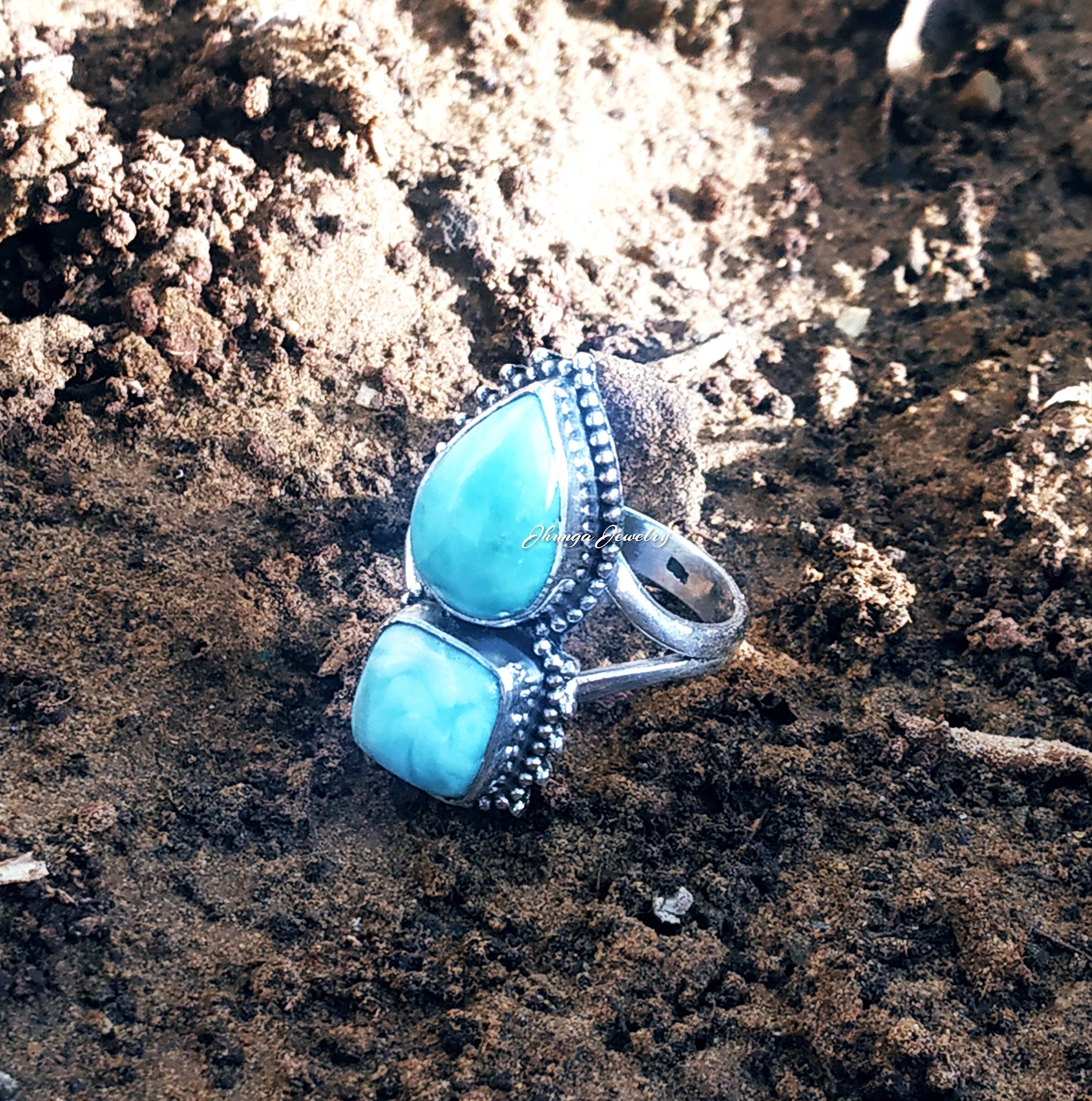 Larimar Ring Sterling Silver - Dominican Republic Stone Jewelry, Boho Vintage Style Promise Ring for Women, Unique Anniversary & Valentine's Day Gift - Perfect for Beach Weddings, Date Nights & Spiritual Healing
