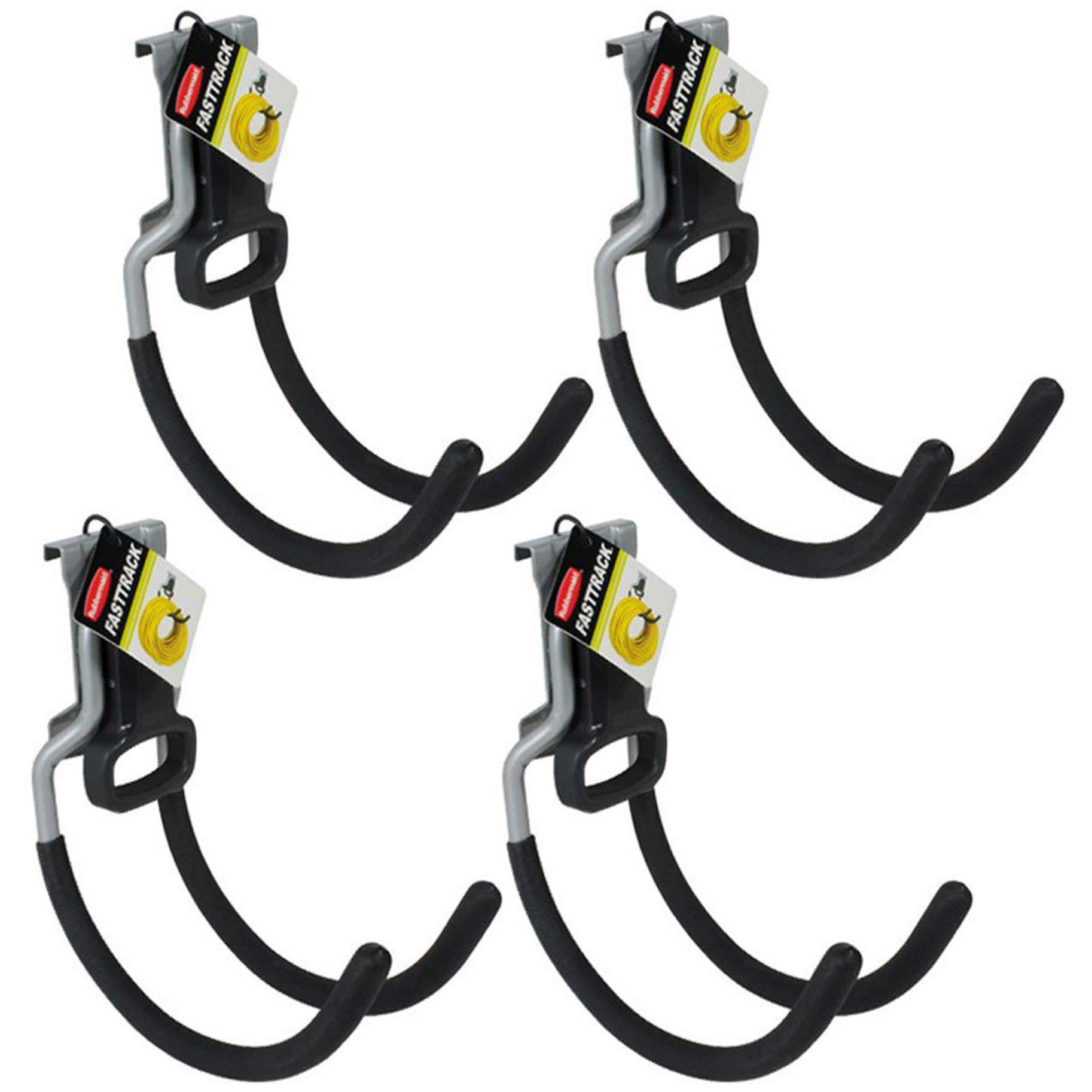 Rubbermaid Fast Track Wall Mounted Garage Hooks - Heavy Duty Utility Hooks for Tools, Sports Gear & Garden Supplies - 4 Pack Satin Nickel - Perfect for Garage, Shed & Workshop Organization