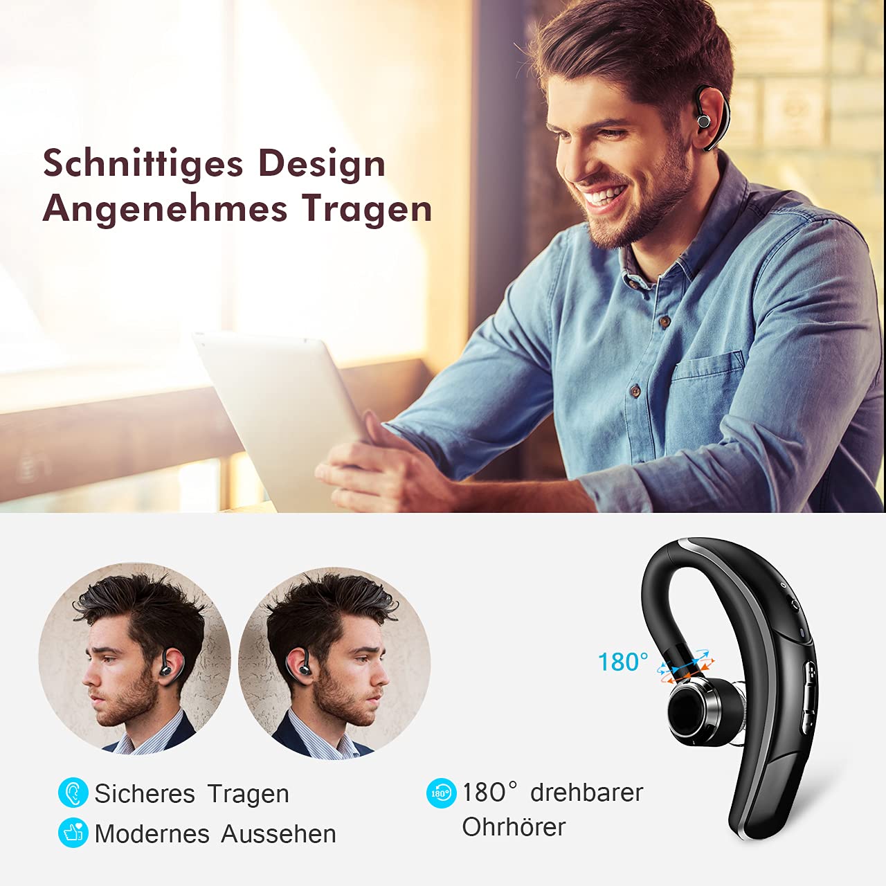 Premium Bluetooth 4.1 Wireless Car Headset with Noise-Canceling Mic & CVC 6.0 Technology - 280H Battery Life for Long Calls - Ideal for Office Work, Driving & Remote Meetings (Silver)