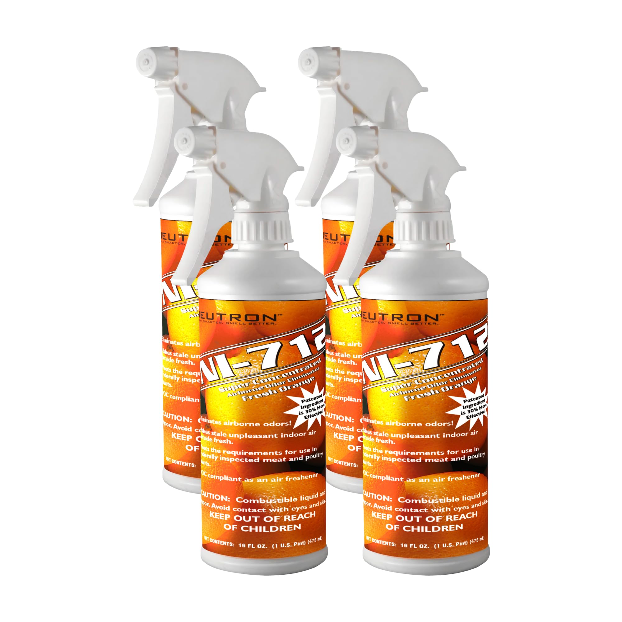 Neutron Industries NI-712 Fresh Orange Odor Eliminator Spray - 4 Pack (16 oz Each) | Powerful Long-Lasting Odor Neutralizer & Air Freshener for Home, Car, Pet Areas, Gym & Office | Eliminates Cooking, Smoke & Pet Odors Instantly