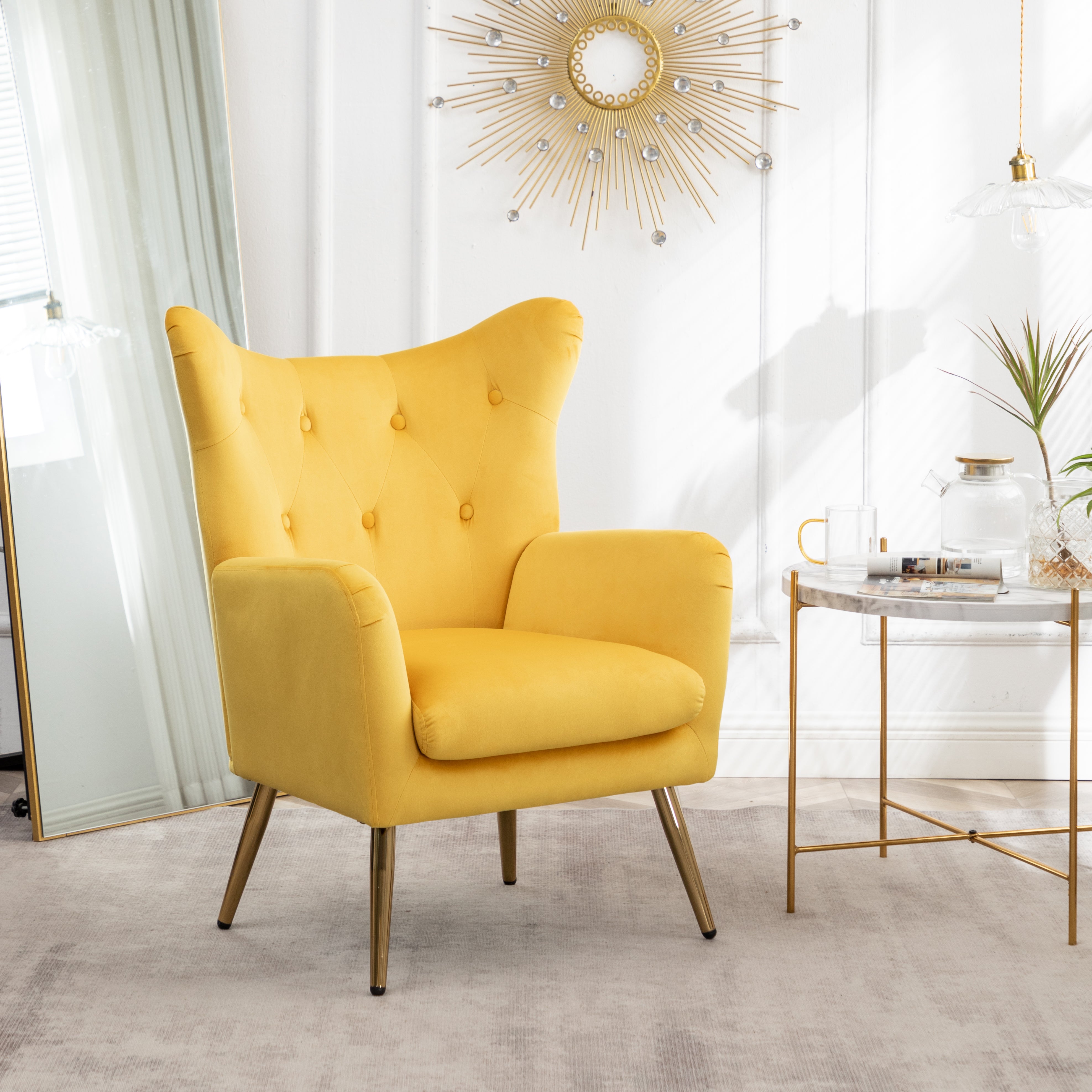 Roundhill Furniture Sovarol Velvet Button Tufted Wingback Accent Chair - Luxurious Yellow Velvet Upholstery for Living Room, Bedroom & Home Office Decor