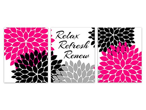 Hot Pink and Black Bathroom Wall Art - Relax Refresh Renew Decor for Home & Spa - Perfect for Bathroom, Bedroom, or Living Room Decor