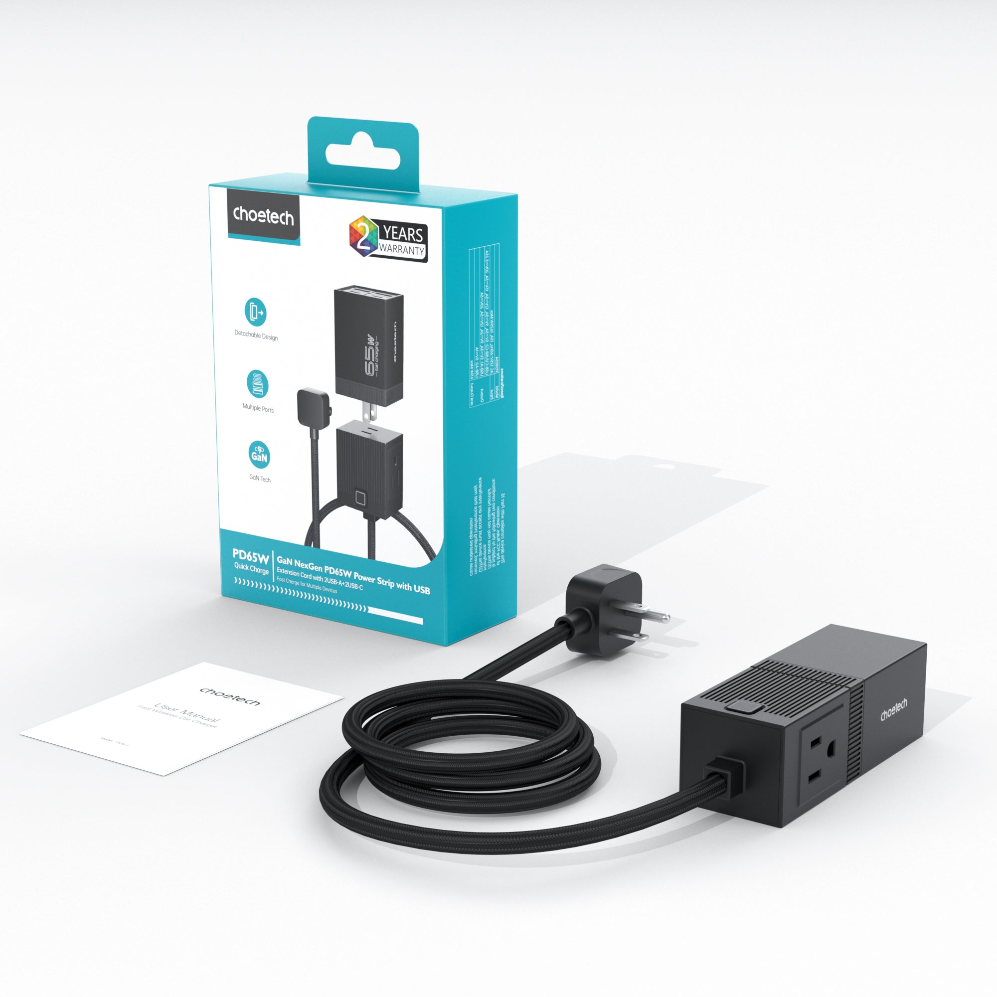 Choetech 65W GaN USB C Fast Charger Power Strip with 3 Outlets & 2 USB Ports - Compact Travel Charging Station for Home, Office, and Hotel Use