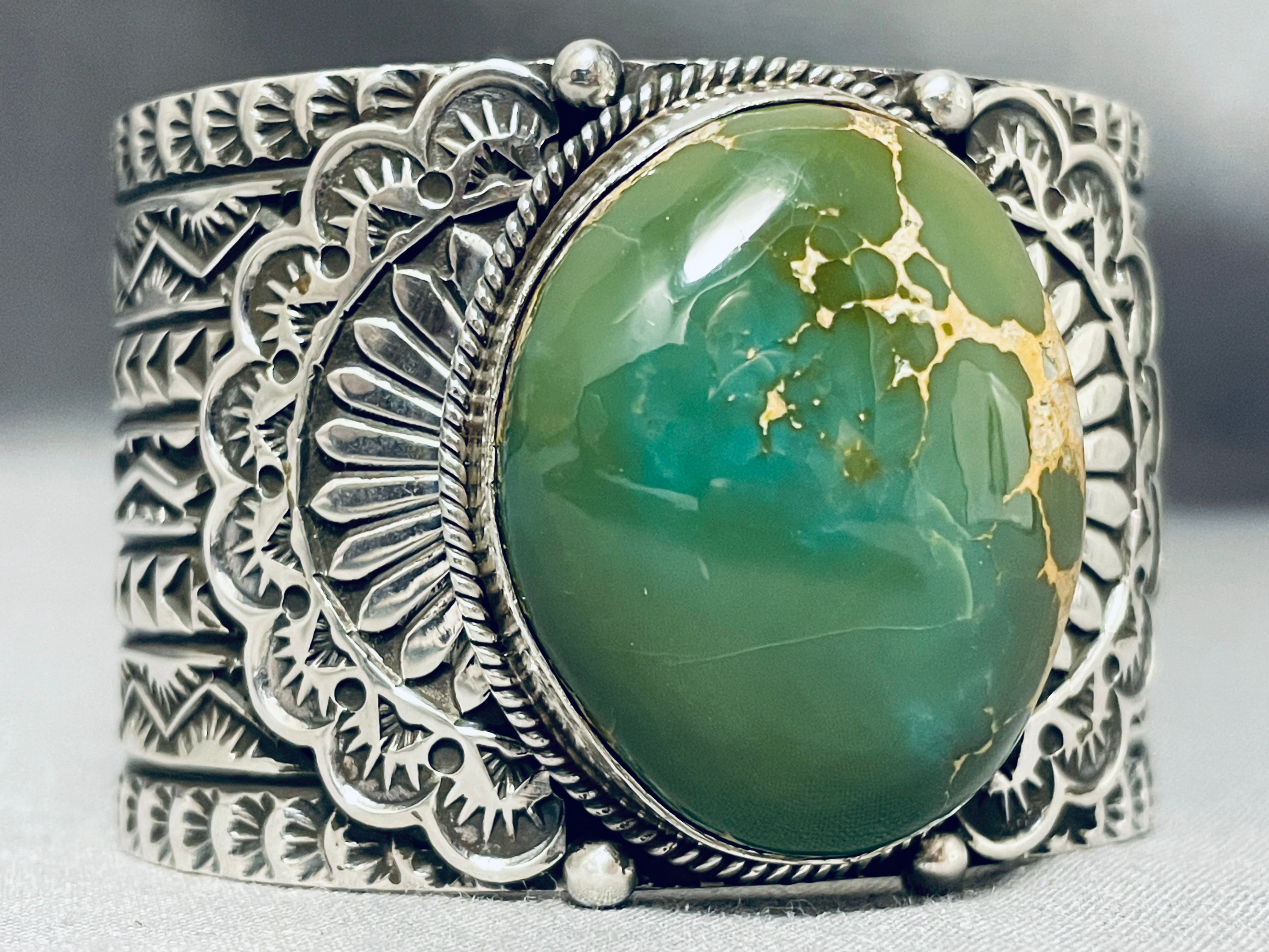 124 Gram Monster Men's Navajo Sterling Silver Bracelet with Green Turquoise - Handcrafted Native American Jewelry for Gifts, Fashion & Ceremonial Wear