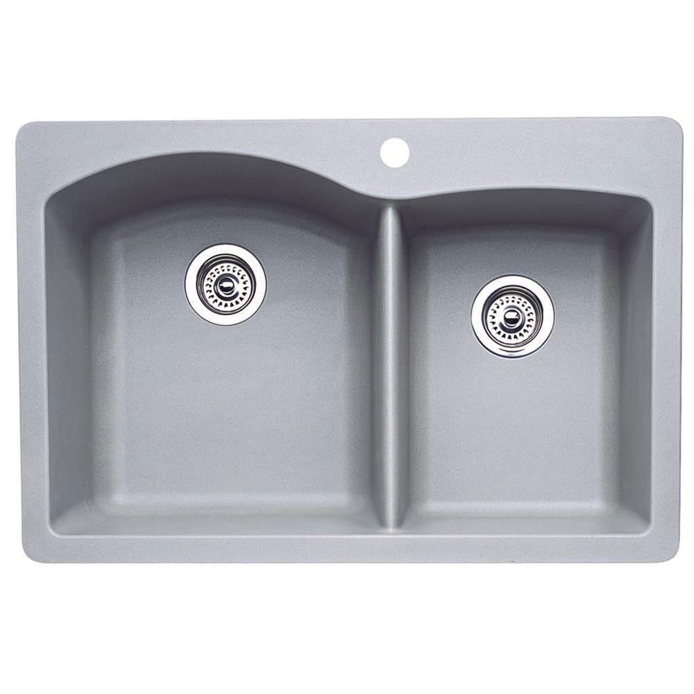 Blanco Diamond Dual Mount Composite 22x9.5x9.5 1 Hole Double Bowl Kitchen Sink in Metallic Gray 469629 - Perfect for Modern Kitchens & Food Prep Stations