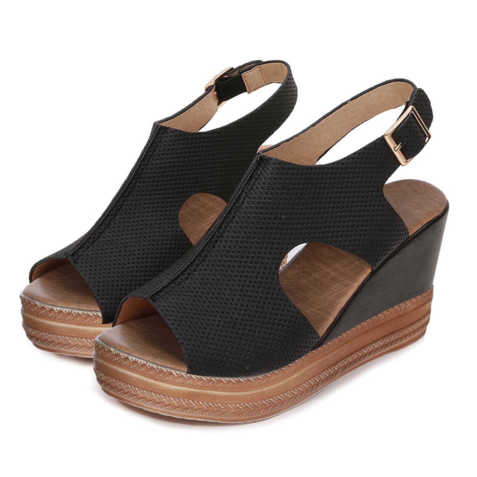 ZBYY Women's Summer Wedge Sandals with Ankle Strap & Buckle - Slingback Peep Toe Platform Heels for Dresses, Beach & Casual Outfits