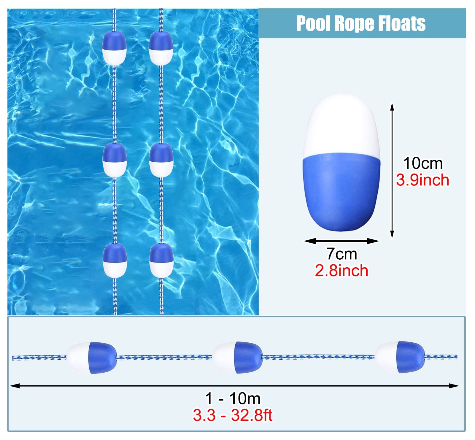 LVLONG Blue & White Pool Rope Float Keepers - Durable Polyethylene Safety Lane Divider with Floats for Swimming Pool Training & Competition (7m/23ft) - Perfect for Swim Meets, Lap Swimming & Water Safety