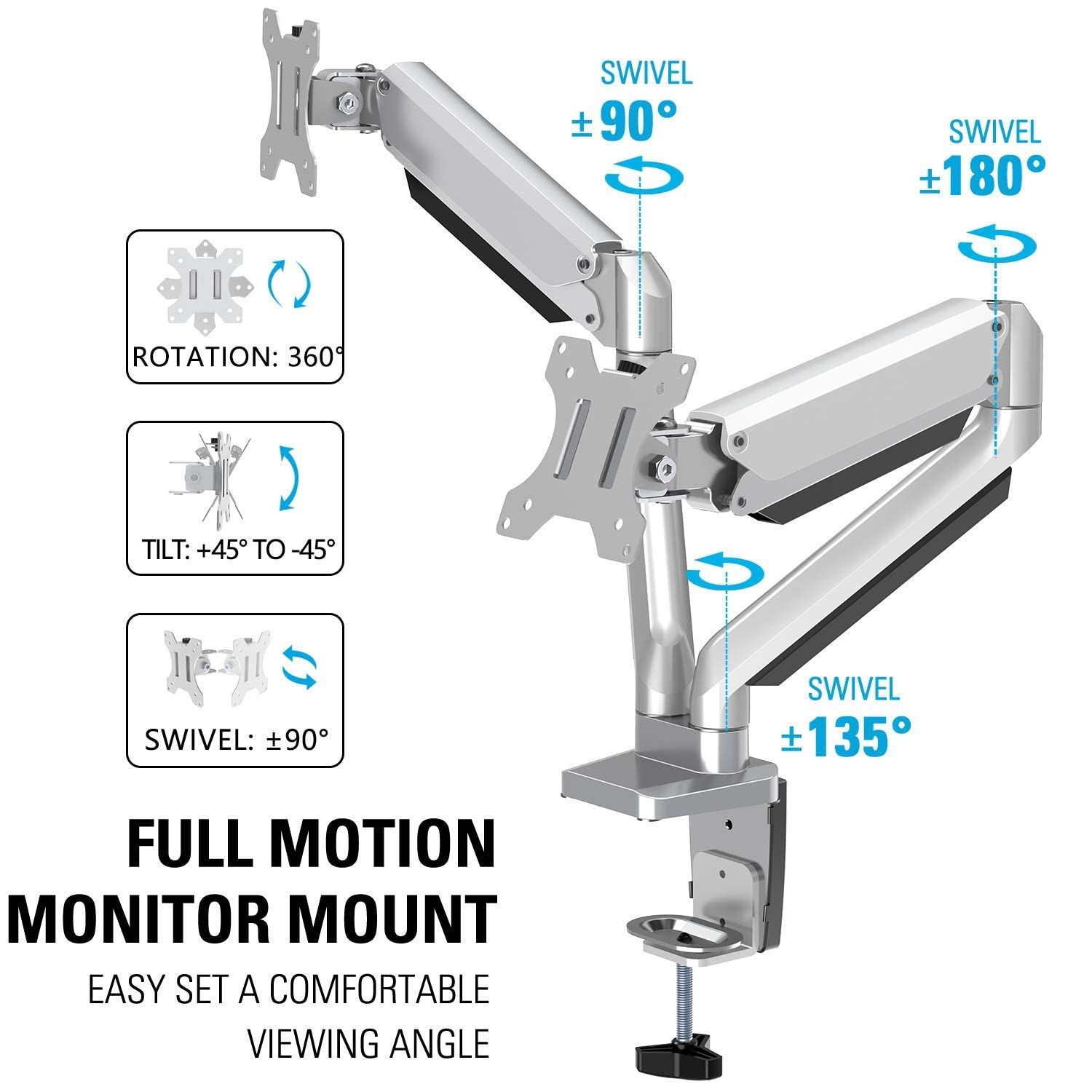 MOUNTUP Dual Monitor Stand Mount - Adjustable Gas Spring 2 Monitor Arm Desk Mount for 17-32 Inch Screens, Die-Cast Aluminum, Holds 17.6LBS Each - Perfect for Home Office, Gaming & Workstation Setup