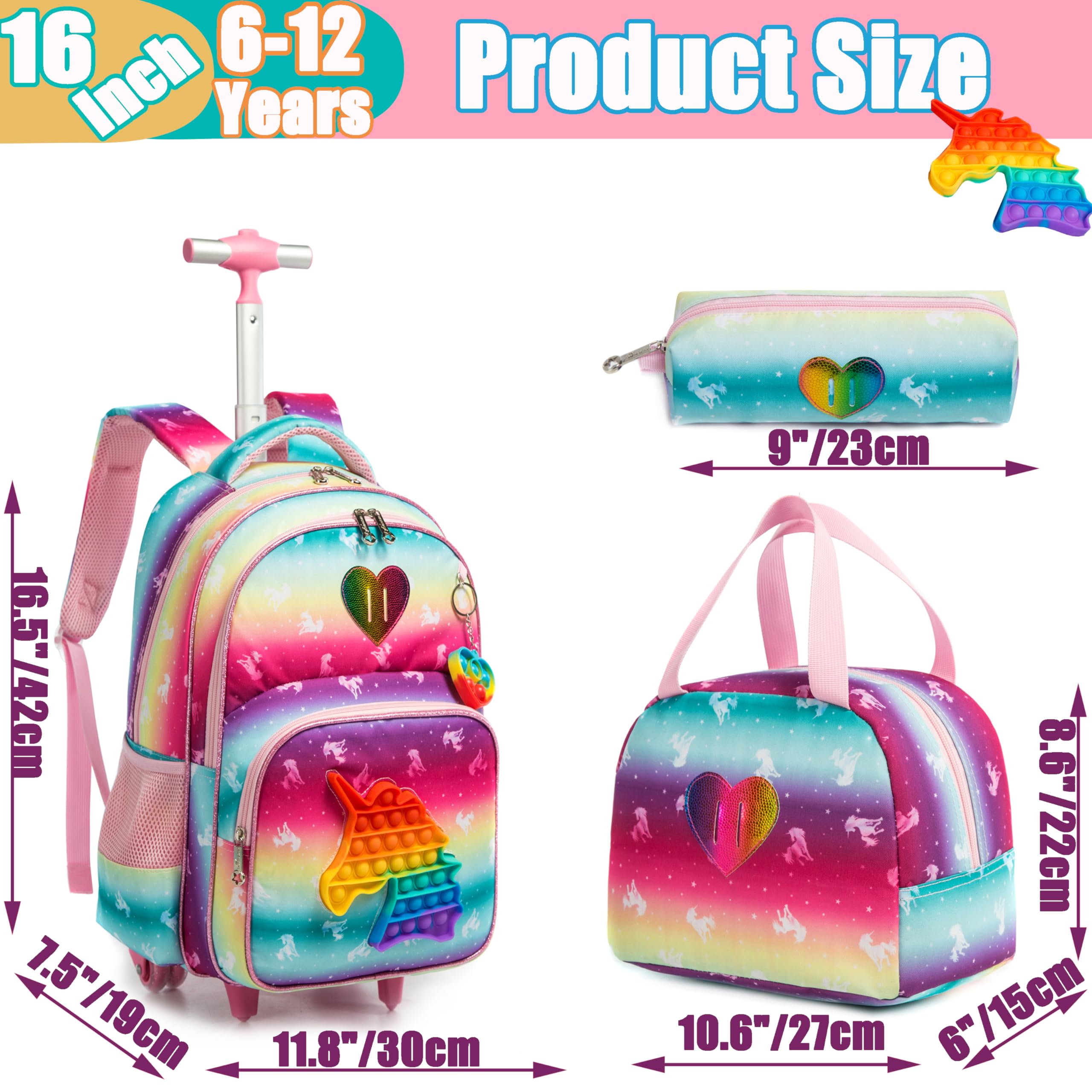 Meetbelify Unicorn Rolling Backpack for Girls - Wheeled School Backpack with Lunch Box & Pencil Case for Elementary Students - Perfect for Travel, School Trips & Daily Commute