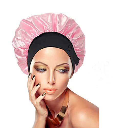 Silk Satin Bonnet for Women - Adjustable Sleep Cap for Curly Hair, Natural Hair & Protective Styling - Wide Band Hair Wrap for Nighttime Hair Care (Pink, Large) - Perfect for Sleeping, Travel & Salon Visits