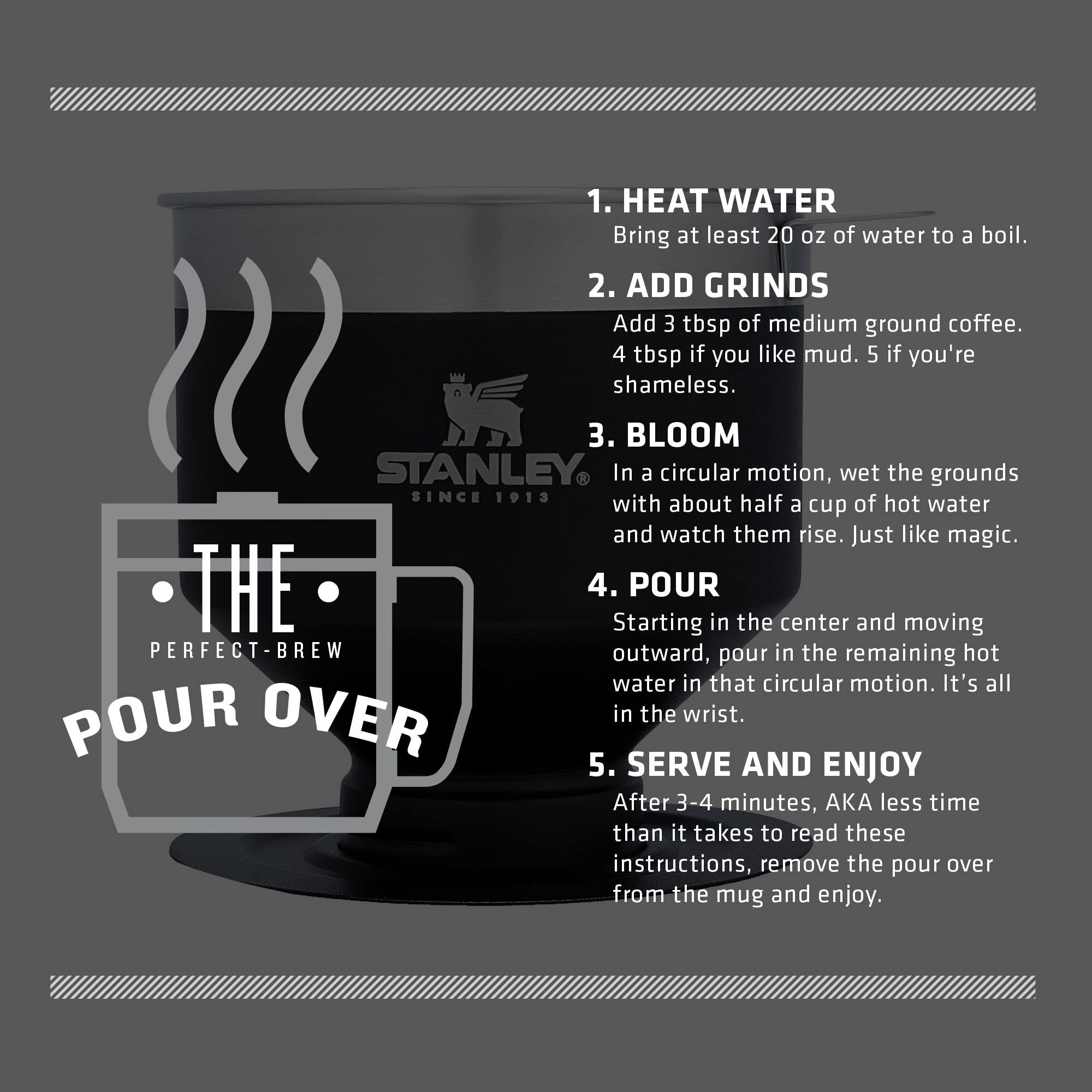 Stanley Perfect Brew Pour Over Coffee Maker - Manual Single Cup Drip Coffee Maker with Reusable Stainless Steel Filter | BPA-Free & Easy to Clean | Matte Black Design | Perfect for Home, Office & Travel Use