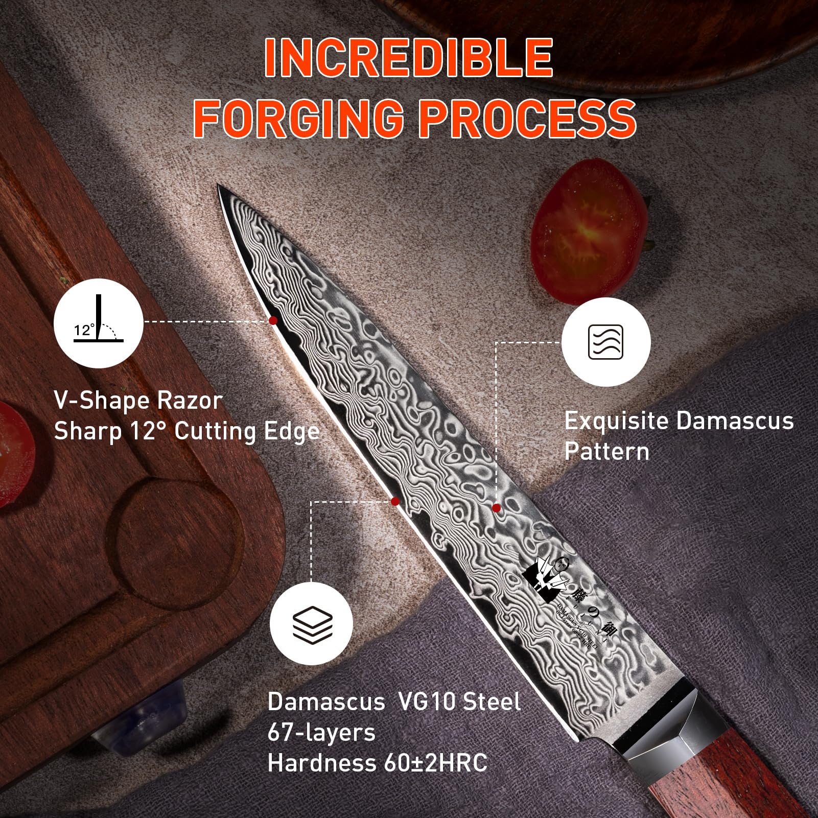 5 Inch Damascus Kitchen Utility Knife - 67-Layer VG10 Steel Ultra Sharp Professional Paring Knife with Hexagon Natural Wood Handle - Perfect for Slicing Fruits, Vegetables & Precision Cooking Tasks