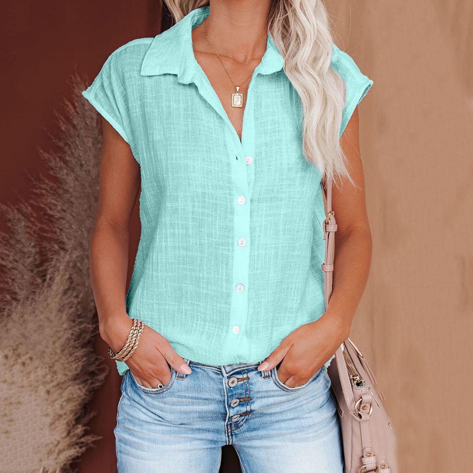 Women's Short Sleeve Button Down Shirt - Summer Casual Cotton Linen Blouse with Lapel, Solid Color Loose Fit Tee Top | Perfect for Office, Travel & Everyday Wear