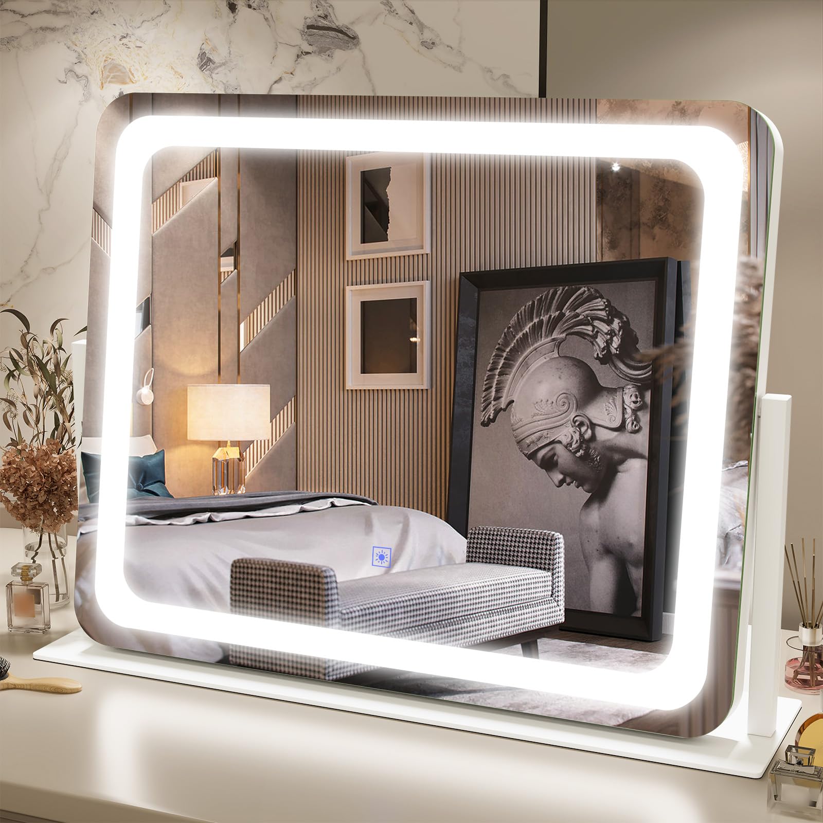 FENNIO 22x19 Inch LED Vanity Mirror with Touch Screen, 3-Color Adjustable Lighting & Dimmable Brightness - Perfect for Makeup Application, Skincare Routine, and Dressing Table Decor