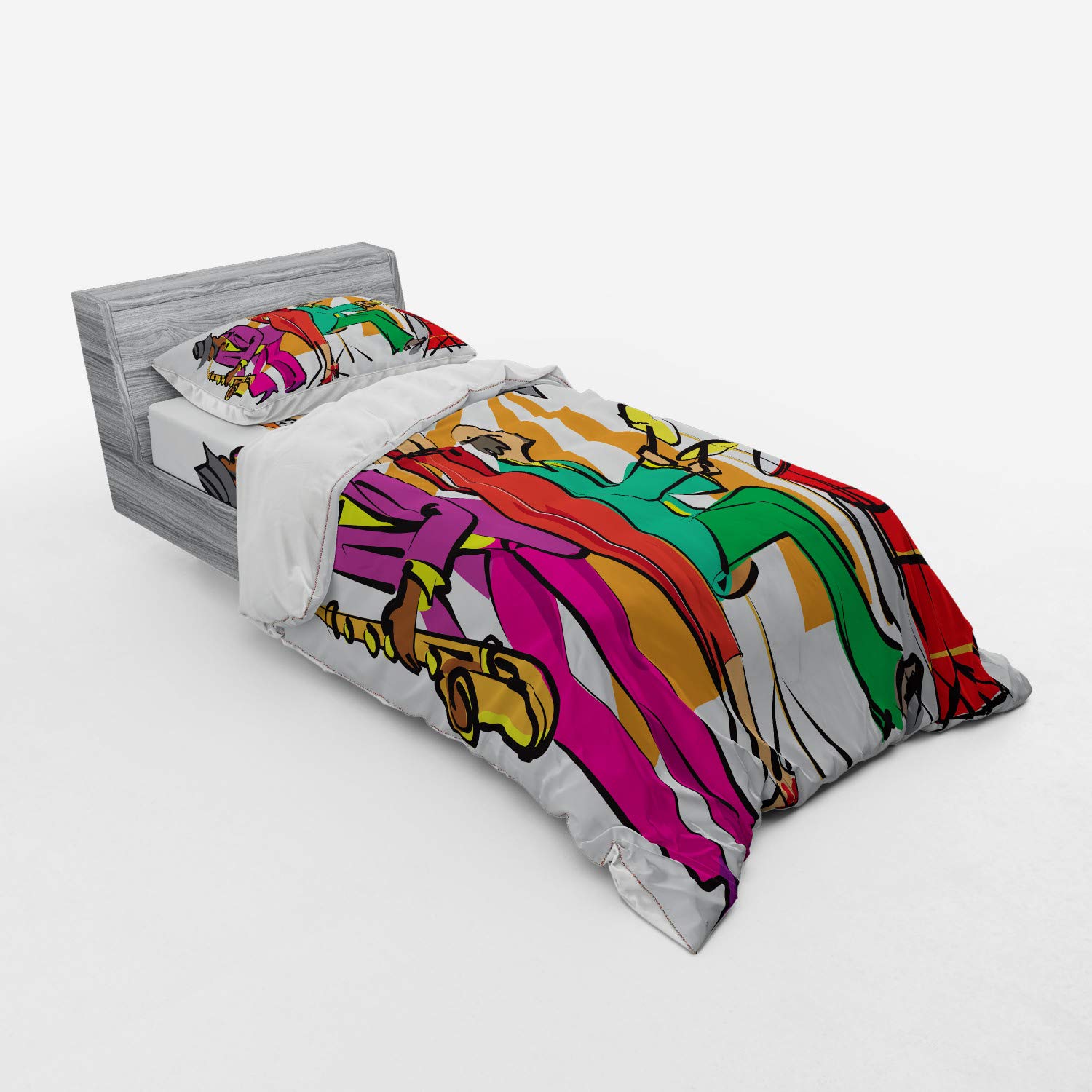 Ambesonne Jazz Band Music Bedding Set - 3 Piece Duvet Cover with Sham & Fitted Sheet, Twin Size, Vibrant Neon Art Print - Perfect for Music Lovers' Bedroom Decor & Jazz Themed Room Design