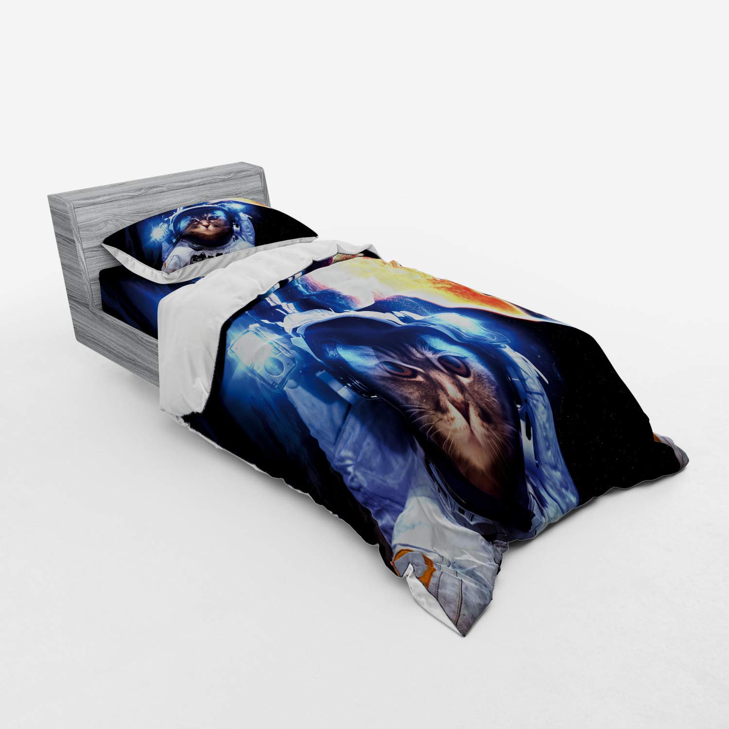 Ambesonne Space Cat Bedding Set - Twin Size 3-Piece Duvet Cover with Sham & Fitted Sheet, White Orange Dark Blue | Cute Kitten in Space Suit with Planets Nebula Supernova Eclipse Design | Perfect for Kids' Rooms, Space Themed Bedrooms & Cat Lovers