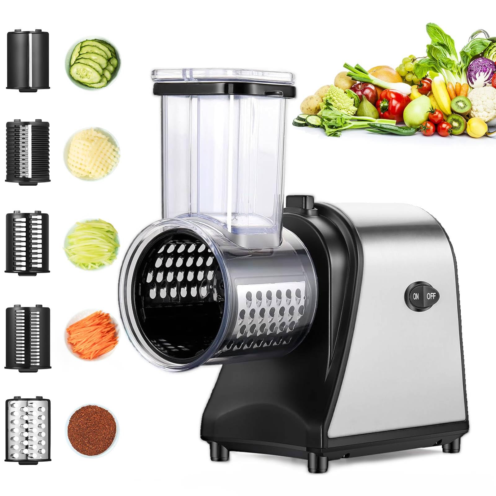250W Electric Cheese Grater & Food Shredder - 5 Blade Multi-Function Slicer for Cheese, Fruits, Vegetables - One-Touch Salad Maker (2025 Upgrade) - Perfect for Kitchen, Meal Prep & Party Platters