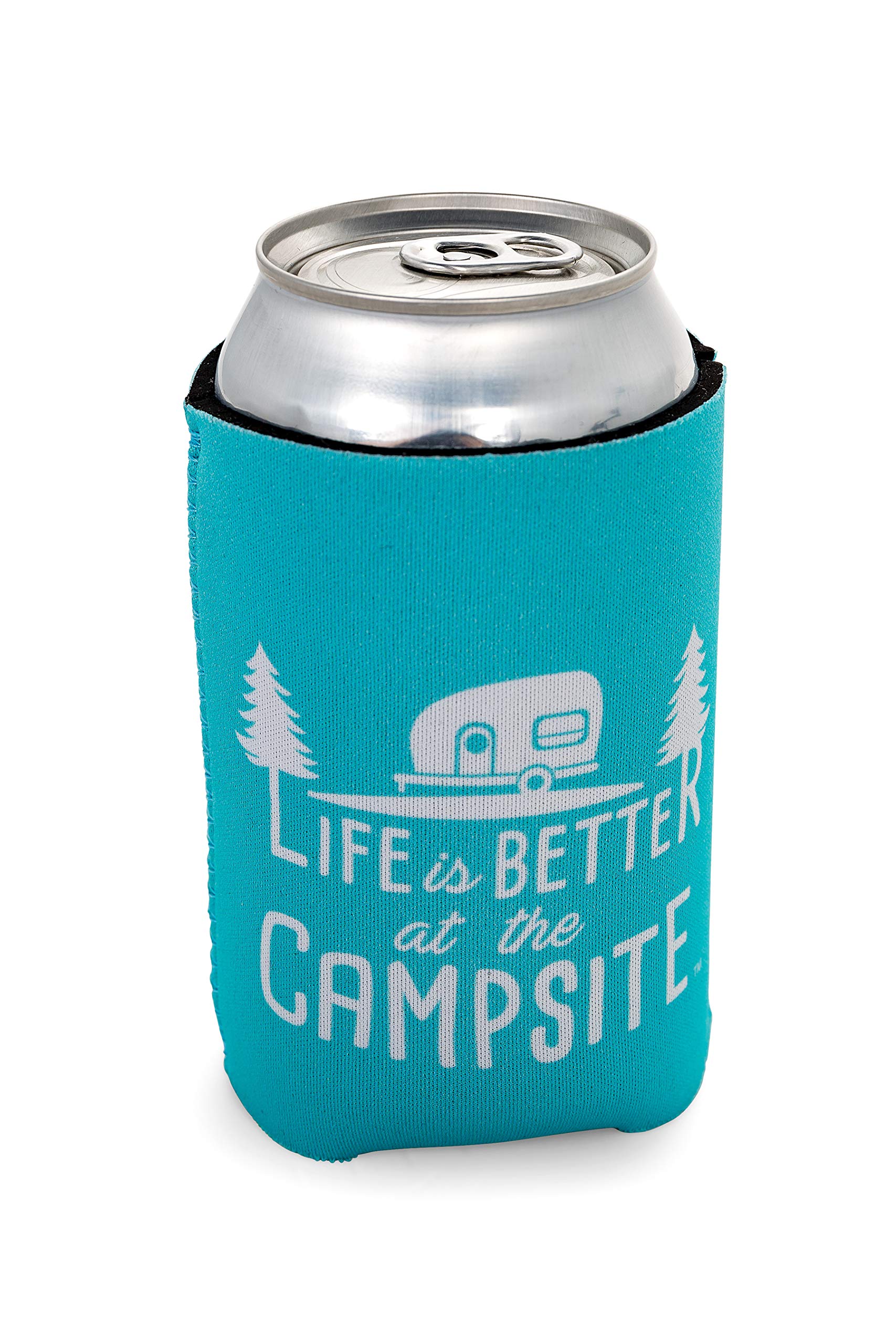 Camco Neoprene Can Cooler Sleeve for 12 oz Soda & Beer Cans - Retro Camper Design in Teal Blue & White (53249) - Perfect for Camping, Picnics, BBQs & Outdoor Adventures