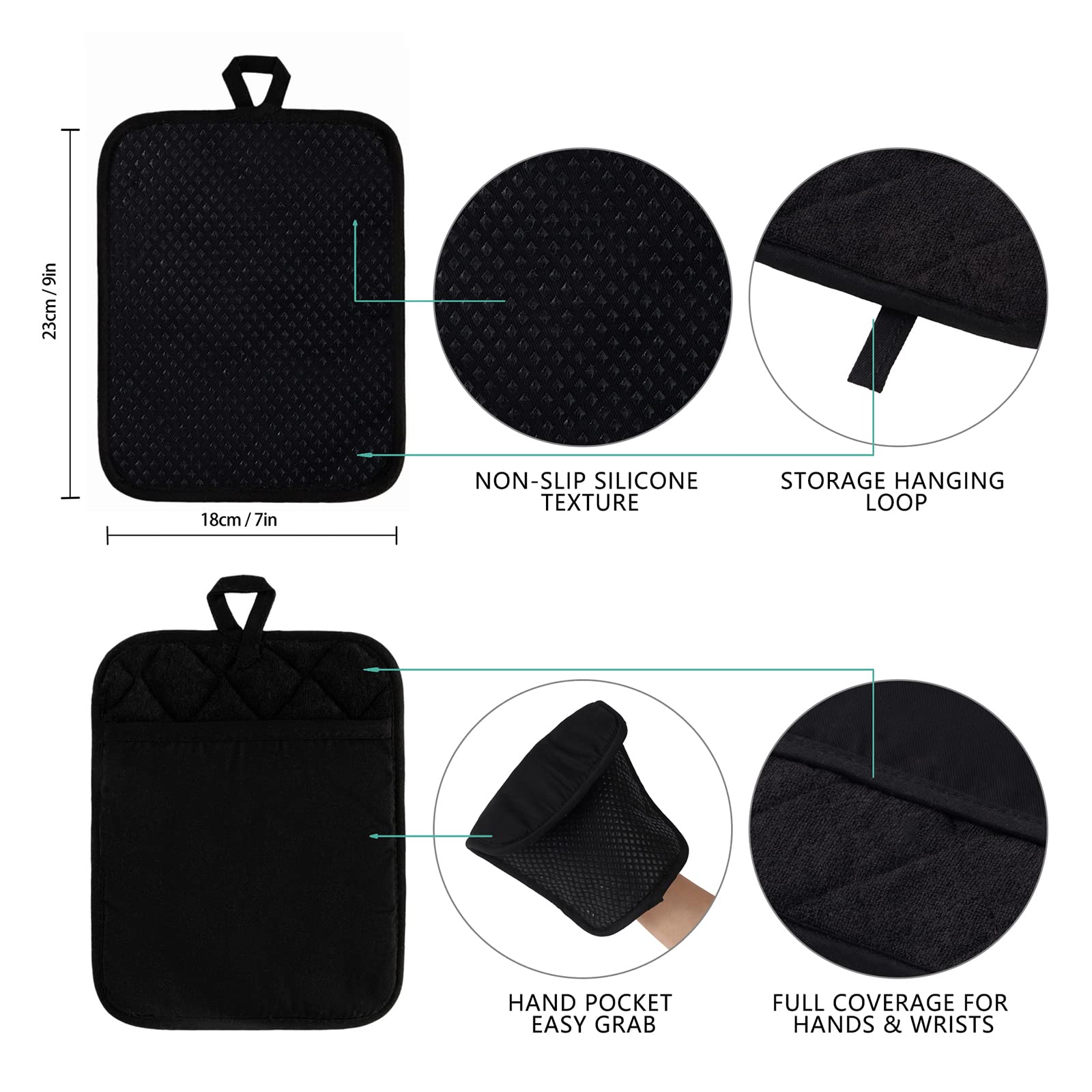 Heat Resistant Silicone Pot Holder Set - 2 Piece Non-Slip Oven Mitts with Pocket (7