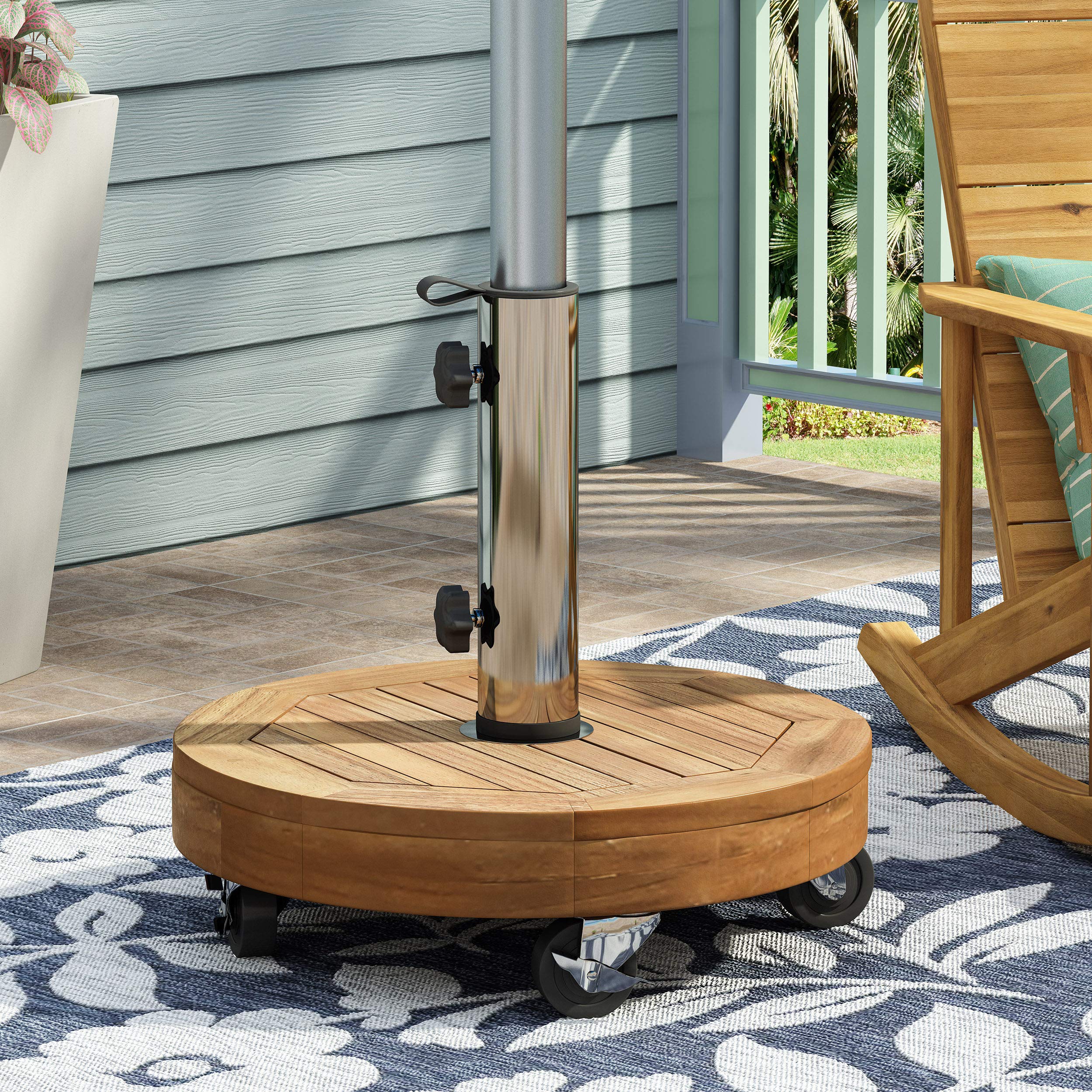 Christopher Knight Home 314641 Ralph Outdoor Umbrella Base - 17.75 Inch Heavy Duty Teak & Stainless Steel Weighted Stand - Perfect for Patio, Poolside, Garden, and Backyard Use