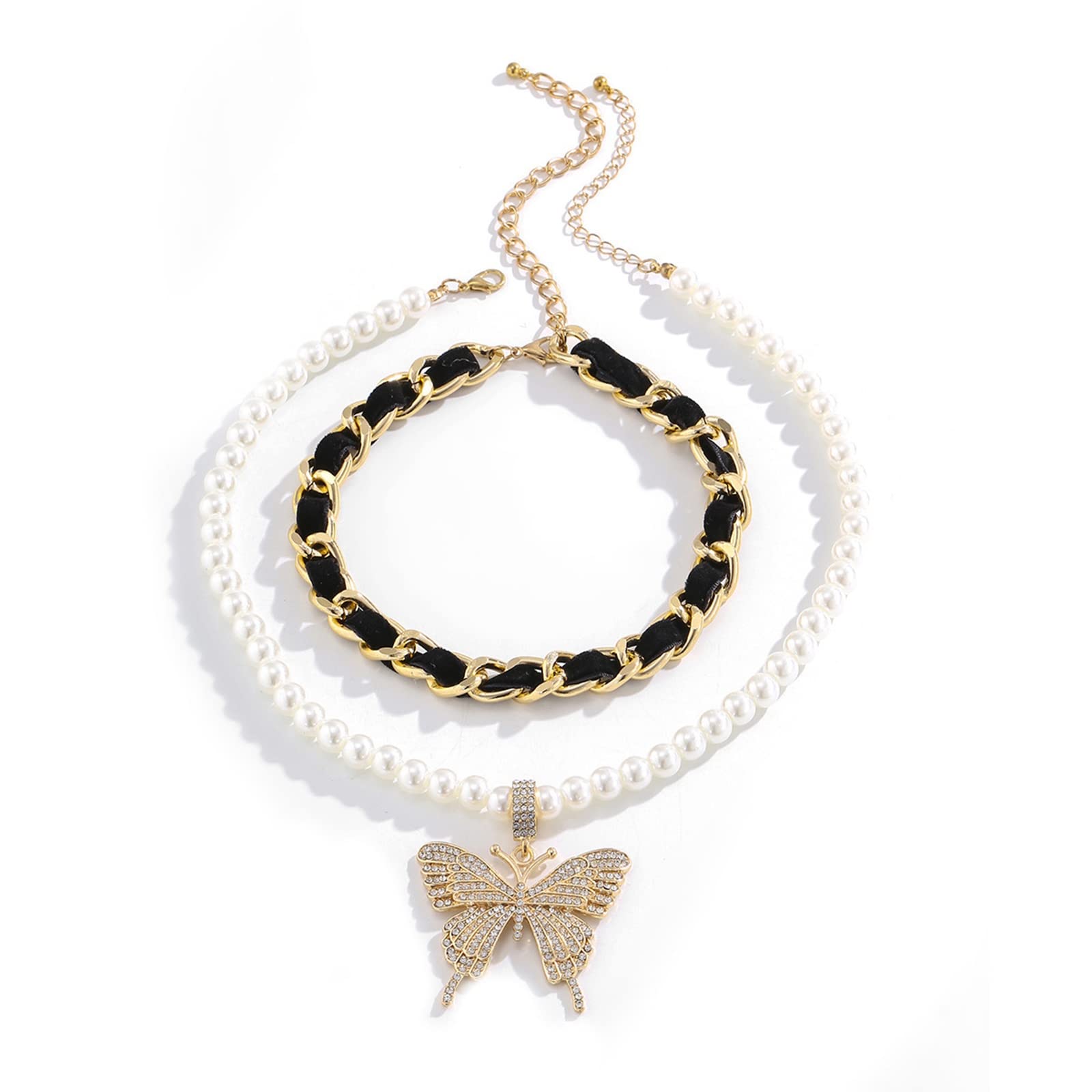 KnBoB 2 Layer Bohemian Necklace for Women - Adjustable Gold Plated Pearl Beaded Chain with Butterfly Pendant | Trendy Layered Jewelry for Casual Wear, Date Night & Special Occasions