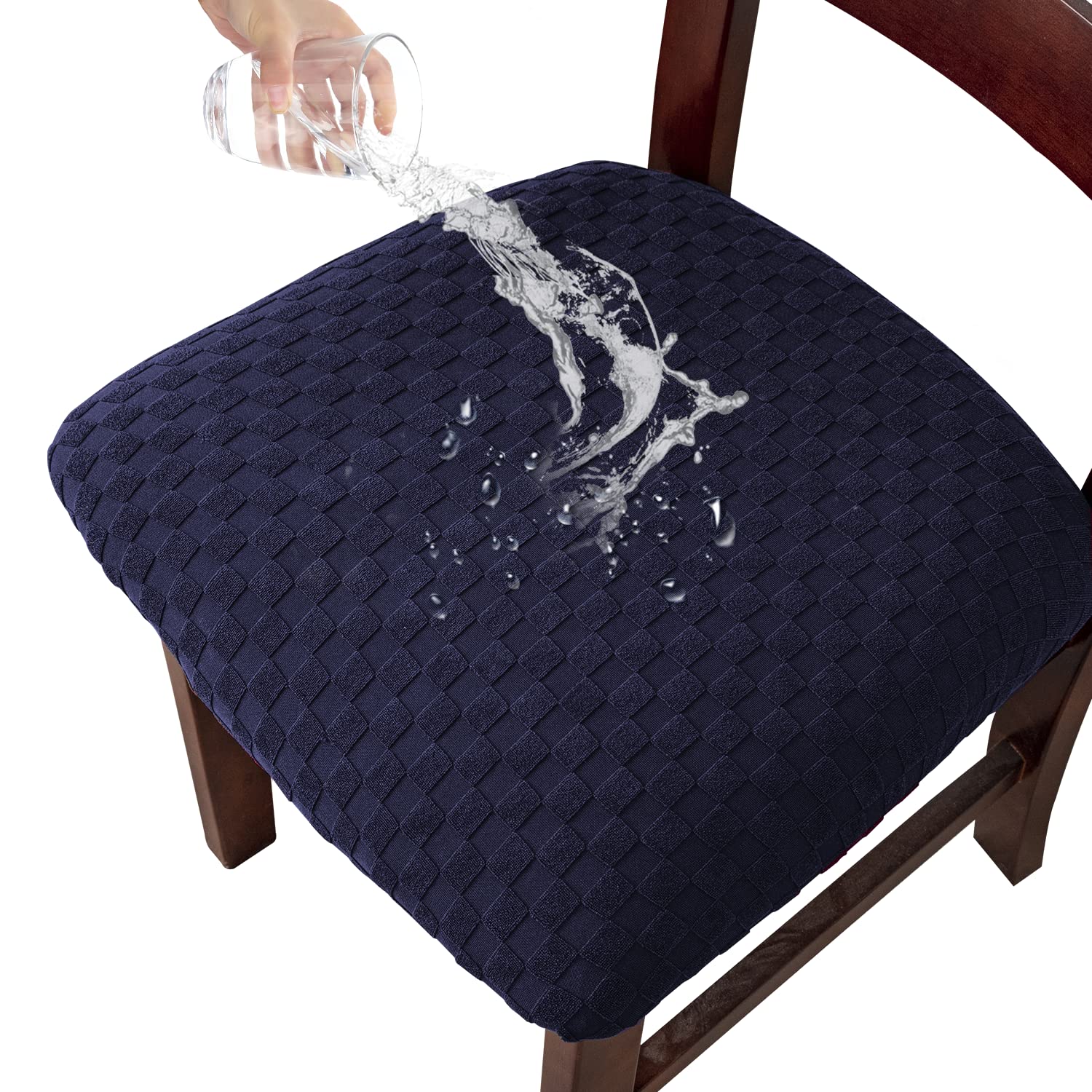Waterproof Jacquard Dining Room Chair Covers - Set of 4 Navy Blue Seat Protectors for Kitchen & Dining Chairs | Spill-Proof, Easy to Clean & Stylish Home Decor | Perfect for Family Meals, Parties & Everyday Use
