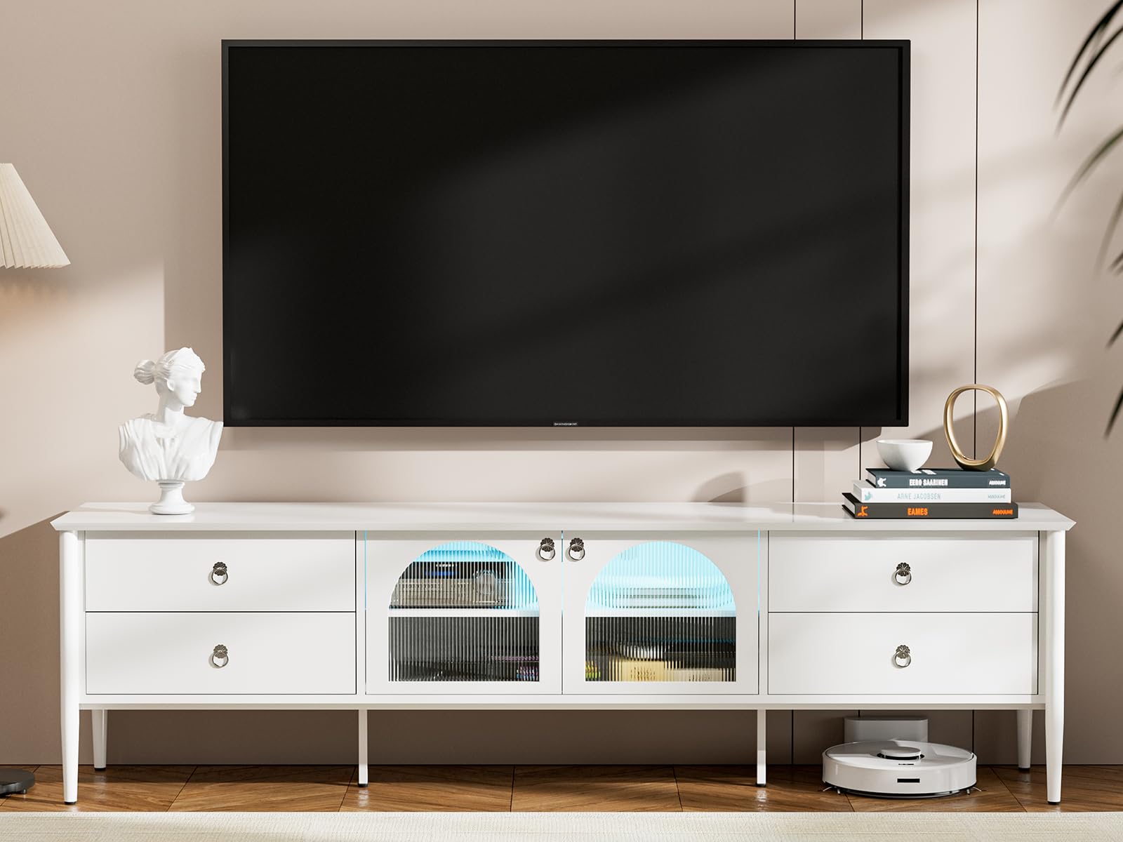 IKIFLY Modern LED TV Stand for 85+ Inch TVs - White Glass Entertainment Center with 2 Doors, 4 Drawers & Built-in LED Lights - TV Console Table for Living Room, Bedroom & Home Theater Setup