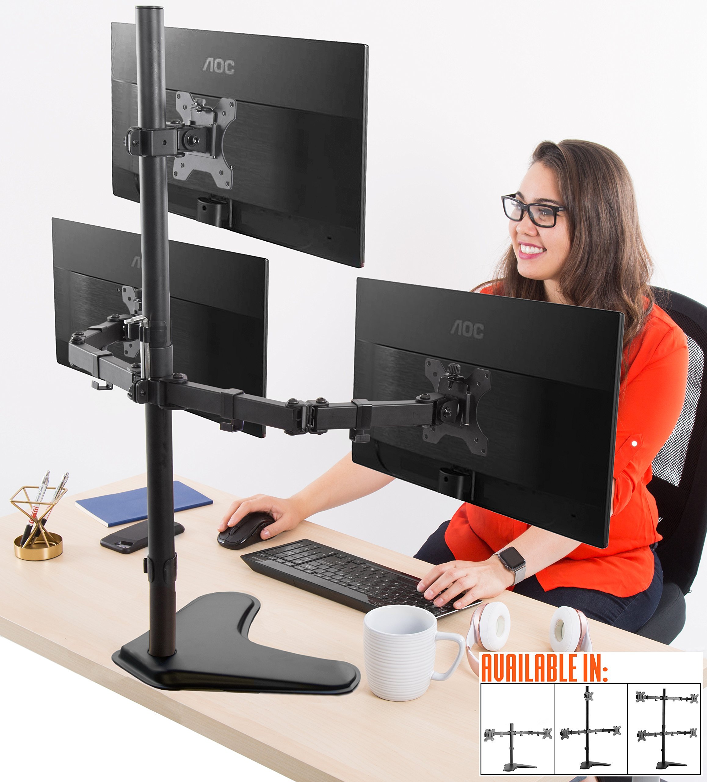 Stand Steady Triple Monitor Desk Stand with Tabletop Base - Adjustable Height & Full Articulation VESA Mount for 13-32 Inch LCD/LED Screens | Perfect for Home Office, Gaming & Workstation Setup